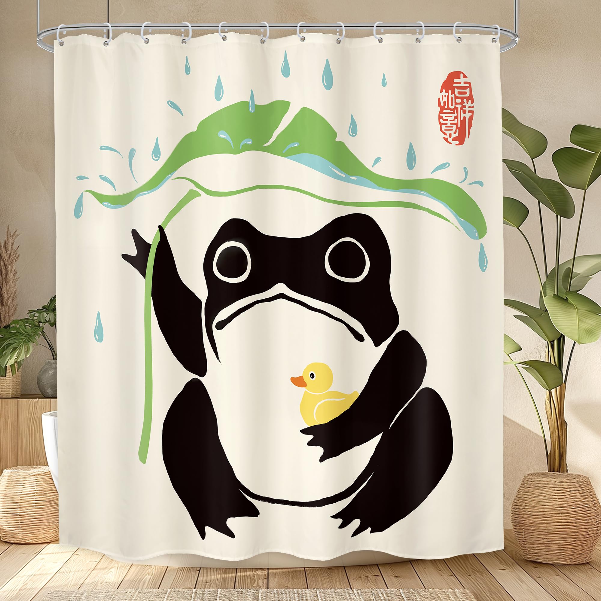 Lghtyro Funny Frog Shower Curtain Bathroom Set 60Wx71H Inches Asian Duck Traditional Art Japanese Cute Animal Taking Lotus Leaf