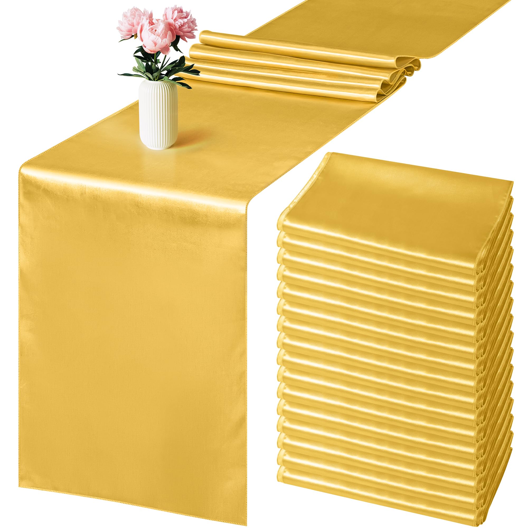 Aneco 16 Pack Satin Table Runner 12 X 108 Inch Gold Long Wedding Satin Silk Table Runner For Wedding Banquet Graduations Birthda