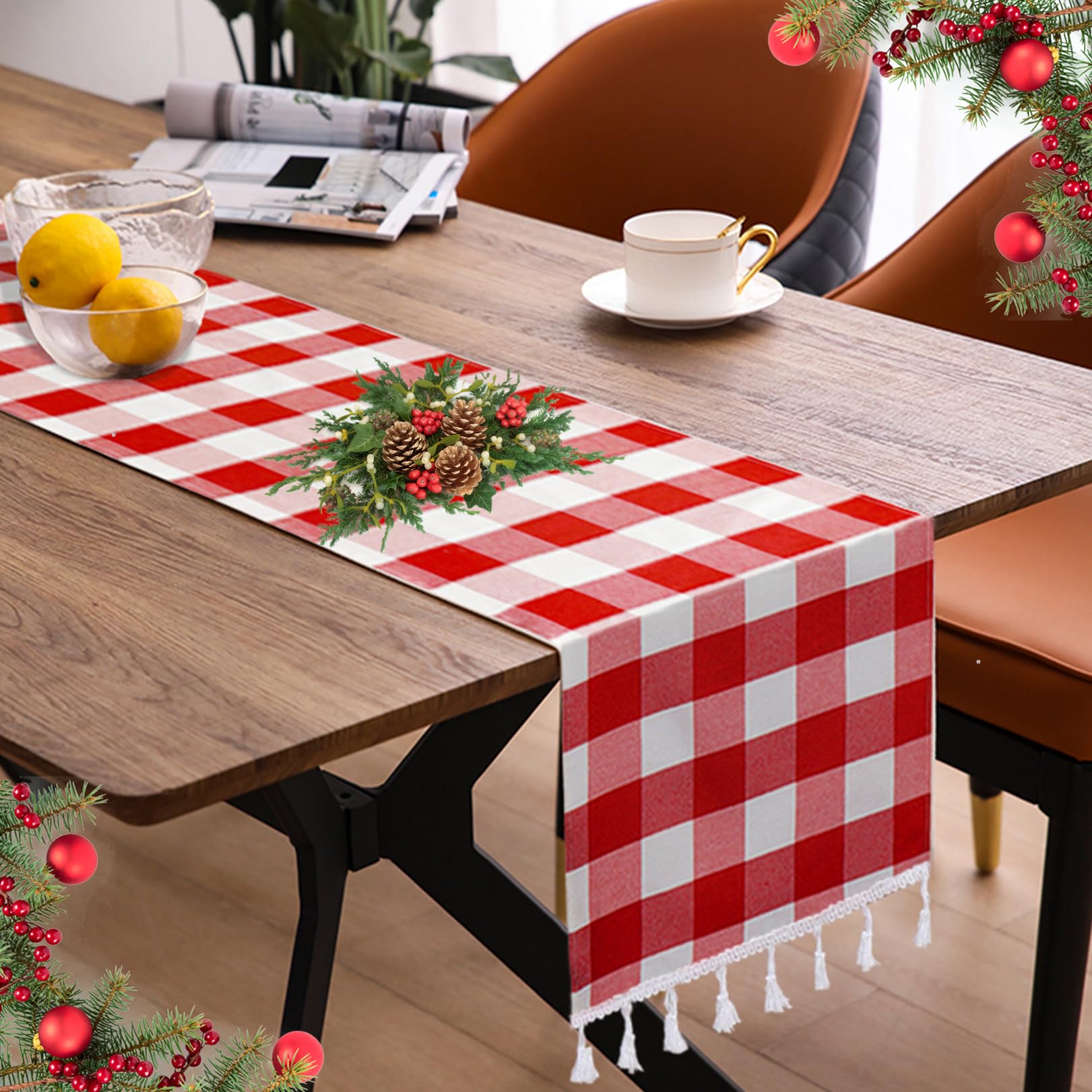 Duobao Checkered Table Runner 14X90-Inch Red And White Buffalo Plaid Tablecloth Runners With Tassels Farmhouse Gingham Fabric 90