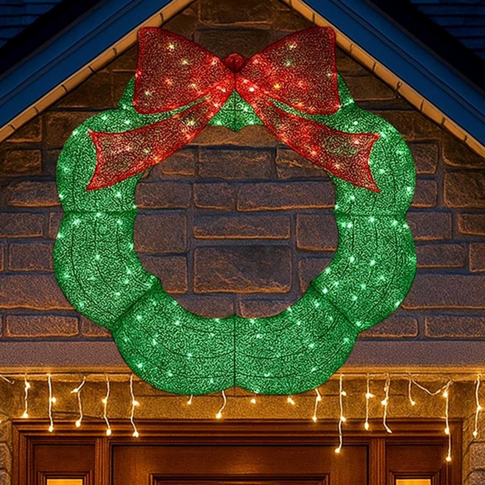 Baquler 36 Inch Pre-lit Christmas Wreath Decoration Metal Xmas Wreath Outdoor with Red and Green Led Lights for Home Garden Yard