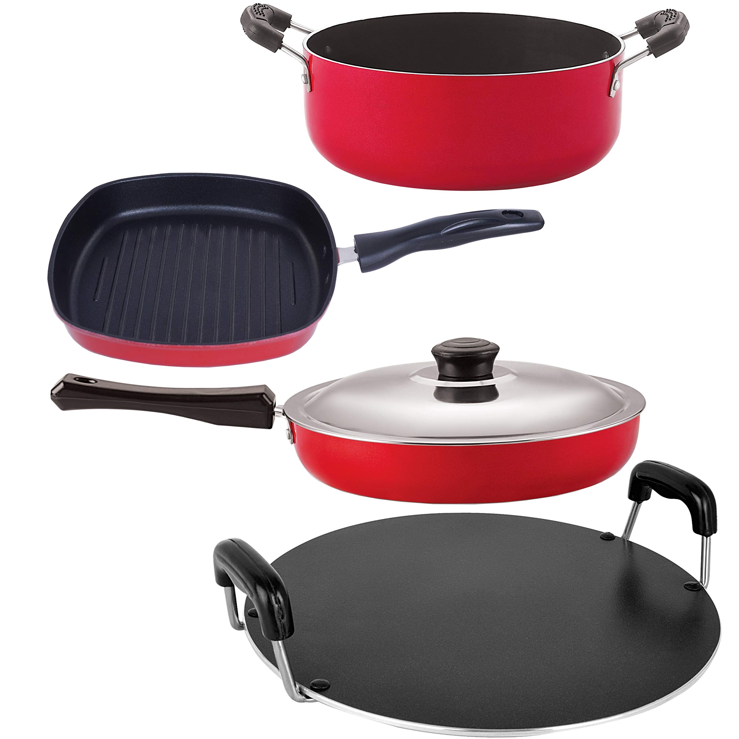 Nirlon NonStick Aluminium Gas Compatible 4 Piece Cookware Combo Set, Red/Black