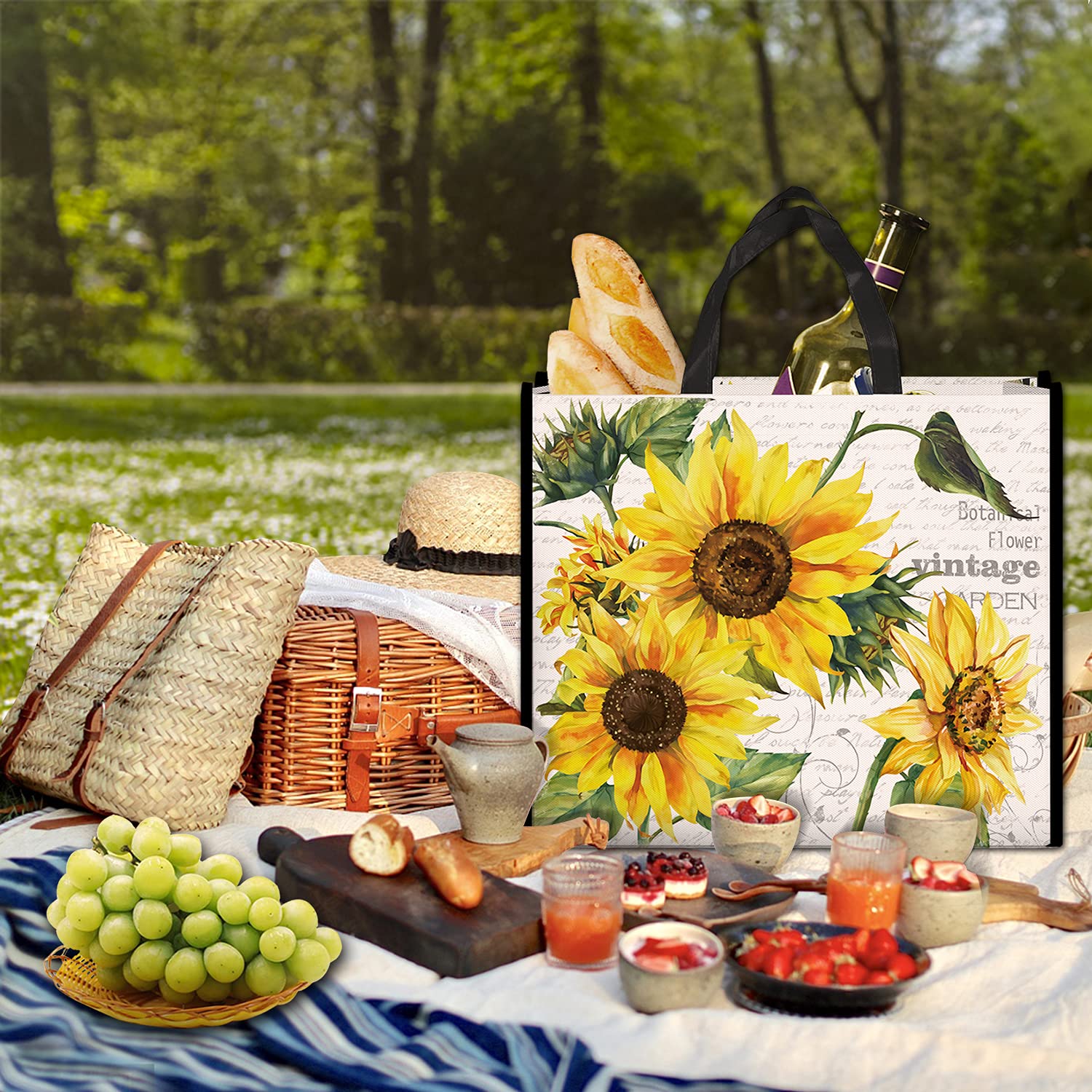 Nymphfable 5 Pack Reusable Shopping Bags Sun Flowers Washable Grocery Bags Fabric Tote Bag