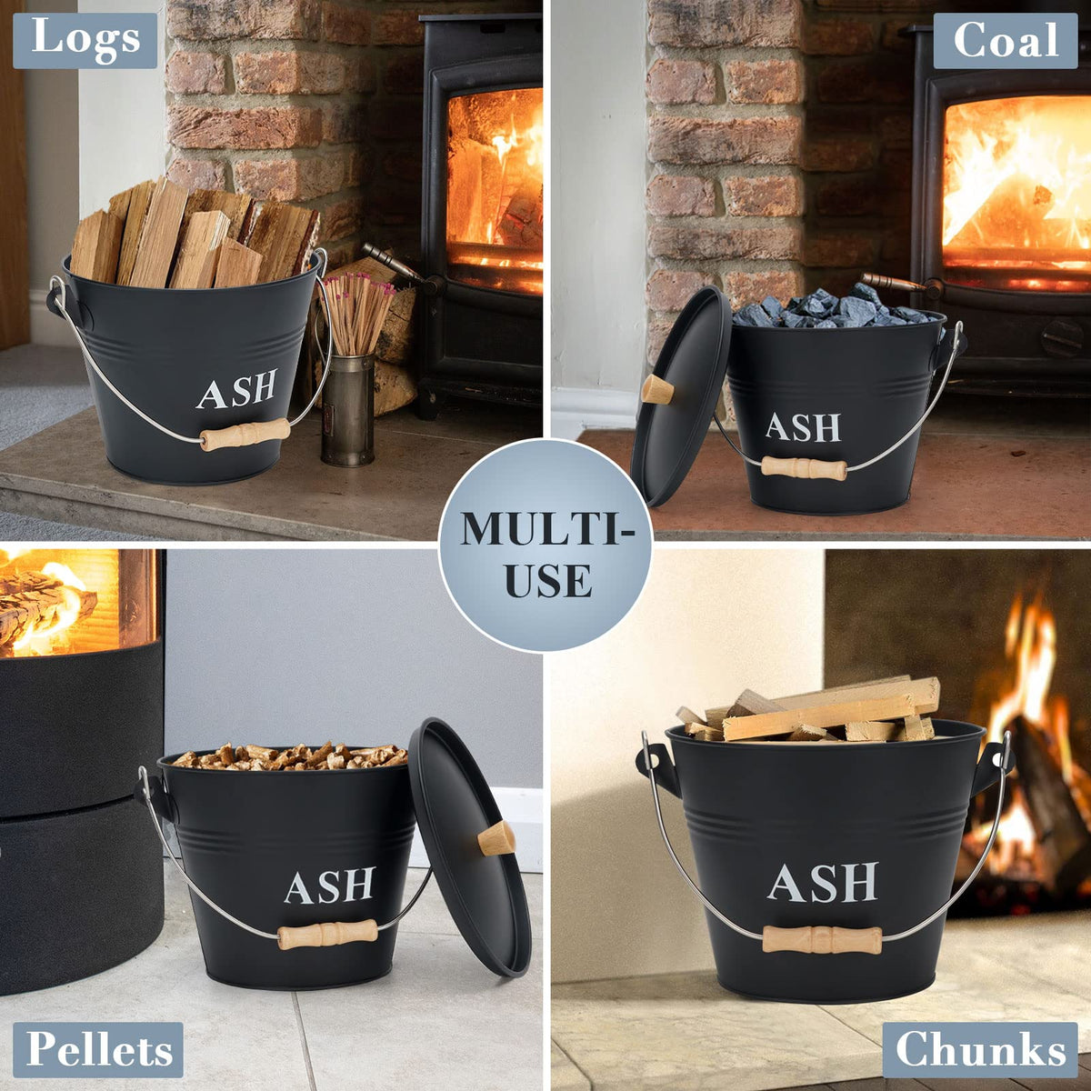 Square Ash Bucket Mini Ash Bucket With Lid, Shovel And Broom, 1.5 Gallon Fireplace Metal ...
