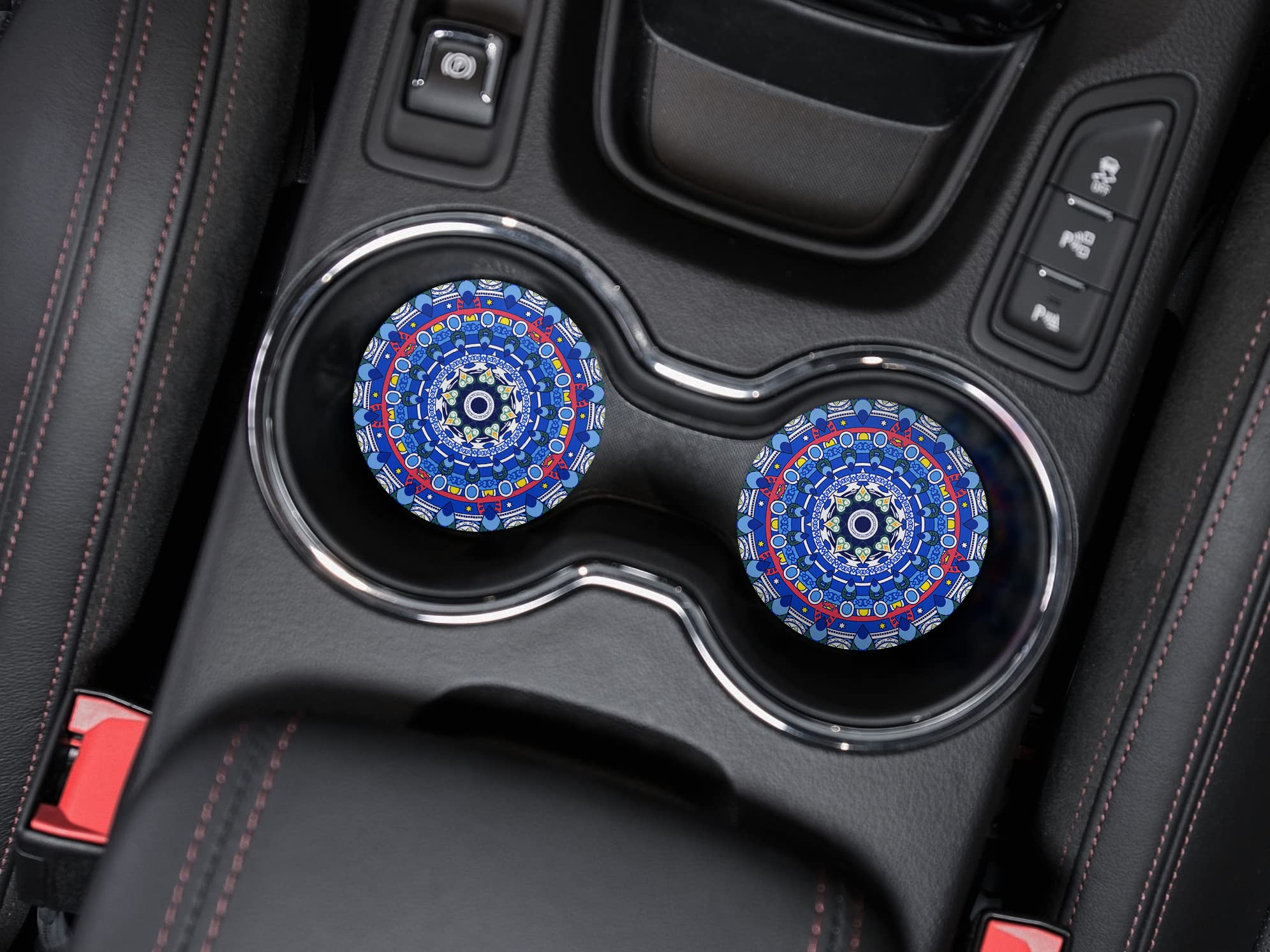 Caribou Coasters , Bohemian Blue Mandala Design Absorbent Round Fabric Felt Neoprene Car Coasters For Drinks (2.87 Inches), 2Pcs