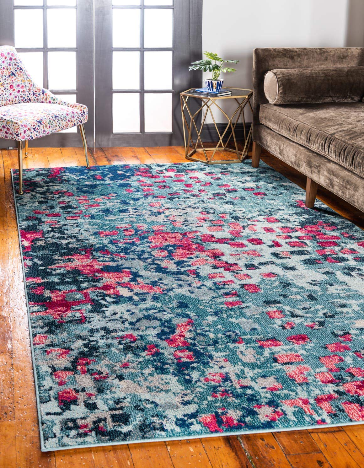 Unique Loom Jardin Collection Colorful, Vibrant, Abstract, Modern Area Rug, 10 ft 6 in x 16 ft 5 in, Blue/Pink