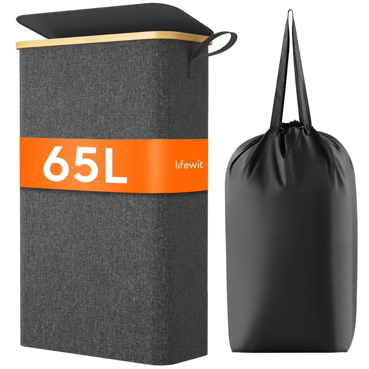 Lifewit 65L Slim Laundry Hamper With Lid, Narrow Laundry Basket With Removable Bag & Bamboo Handles, Fodable Thin Dirty Clothes