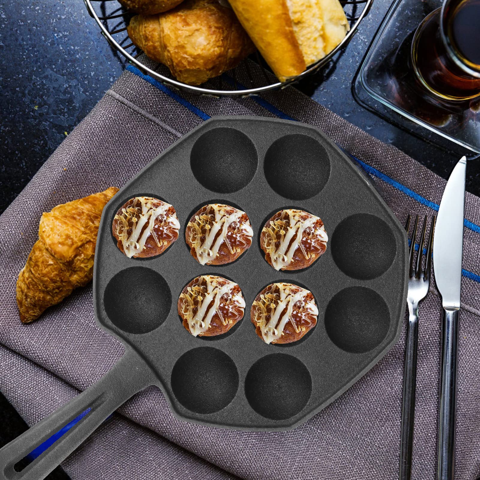 Cabilock Takoyaki Pan 12 Molds Takoyaki Maker Skillet Cast Iron Octopus Meat Ball No- Stick Baking Tray For Octopus Balls Pancak