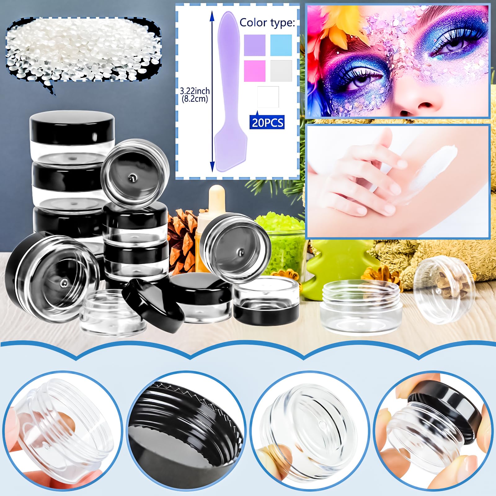 Motbach 80Pcs Small Travel Containers With Black Lids, 3 Size 3/5/10 Gram Makeup Travel Sample Containers, Small Sample Pot Jar