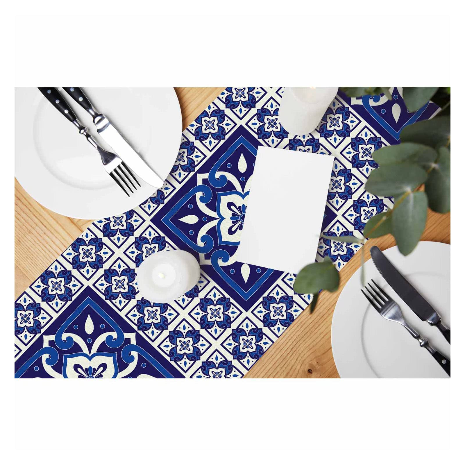 Hosnye Table Runner Blue Portuguese Tile Pattern,Cotton Linen Table Runner Decoration For Kitchen Family Dinner Table Holiday Pa