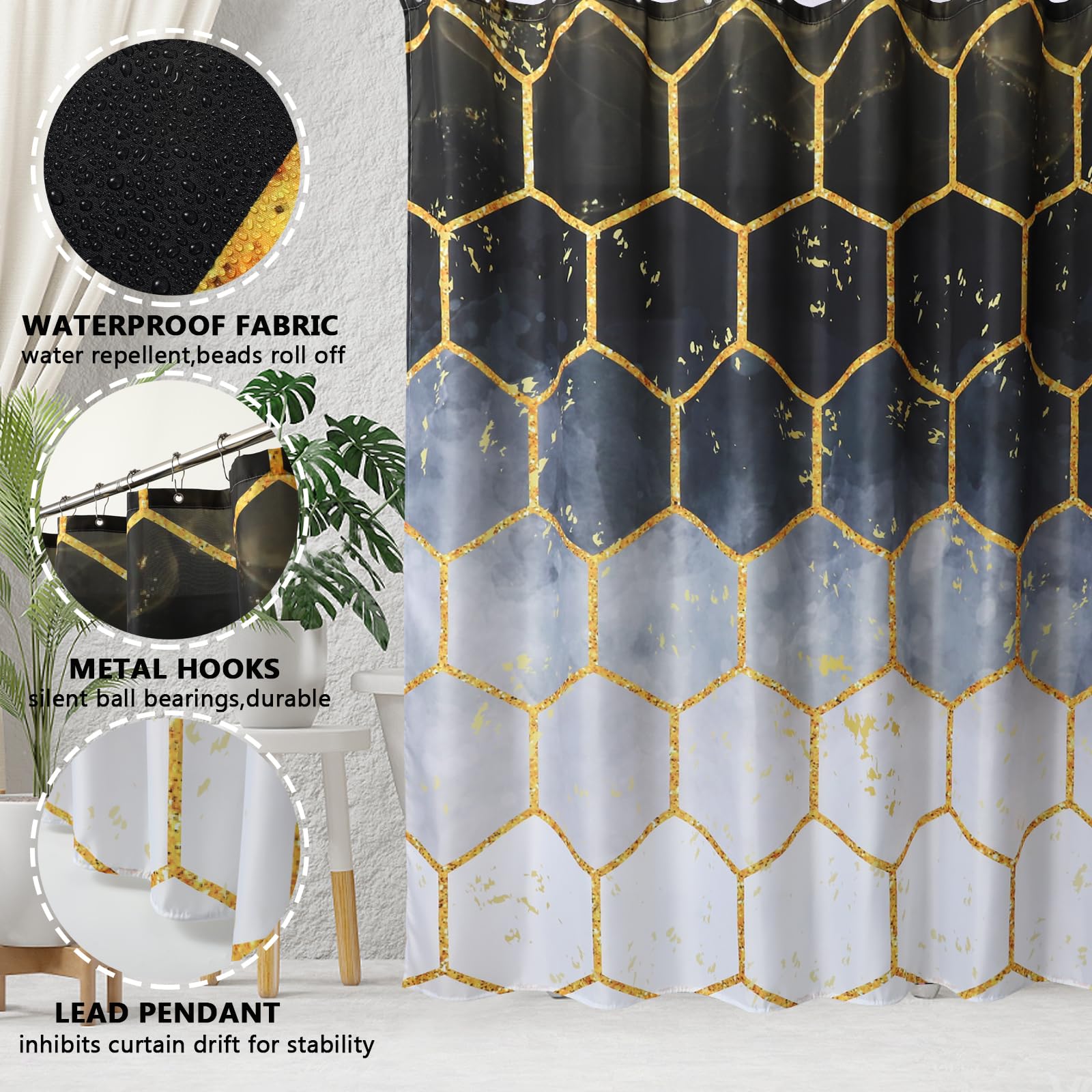 Black Bathroom Set With Shower Curtain And Rugs 25Pcs Complete -Trash Can, Soap Dispenser, Soap Dish, Toilet Brush, Toothbrush H