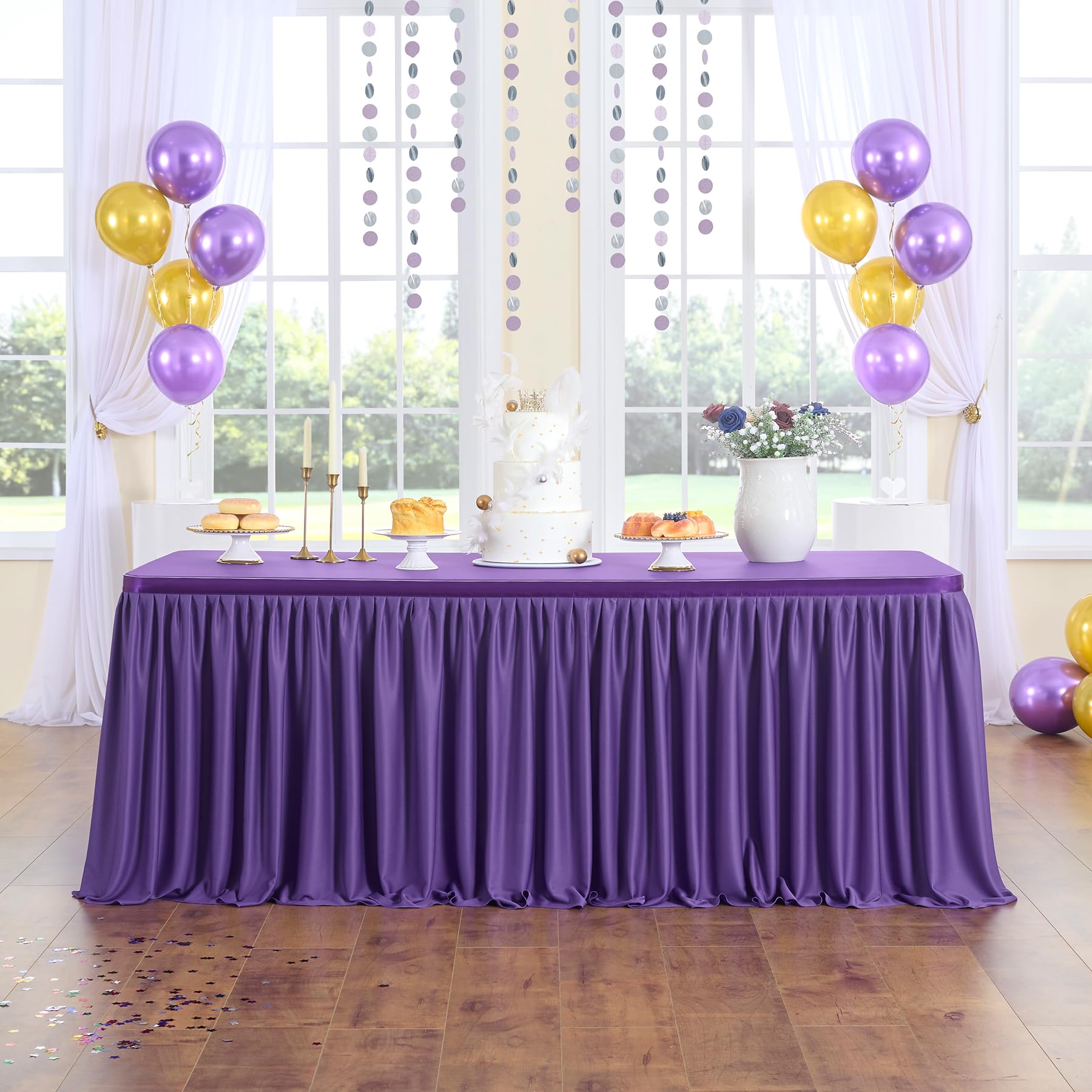 Leegleri 14 Ft Purple Polyester Pleated Table Skirt For Rectangle Table,Ruffle Tutu Table Cloth For Baby Shower Wedding,Birthday