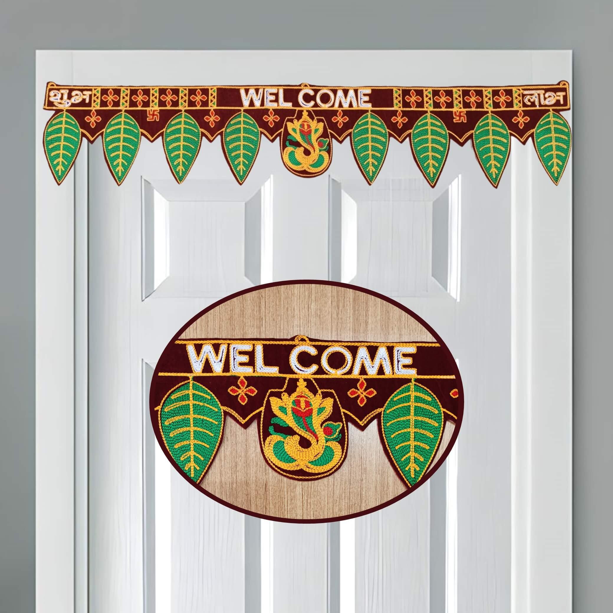 CREYENTES Toran for Door, Ganesha with Mango Leaf, Welcome Bandarwal, Wall Hanging, Temple, Pooja Room, Diwali, Rajasthani, Embr