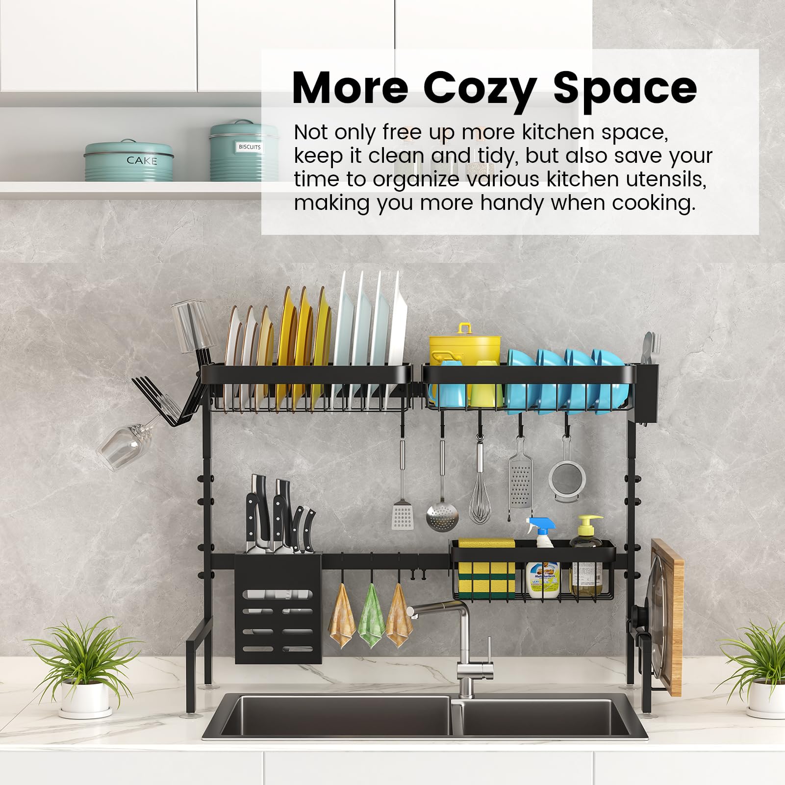 MERRYBOX Over The Sink Dish Drying Rack Adjustable Length (25-33in)  2 Tier Dish Rack Over Sink with Multiple Baskets Utensil Holder Cup Holder  Full Set Large Dish Rack for Kitchen Sink Organizer