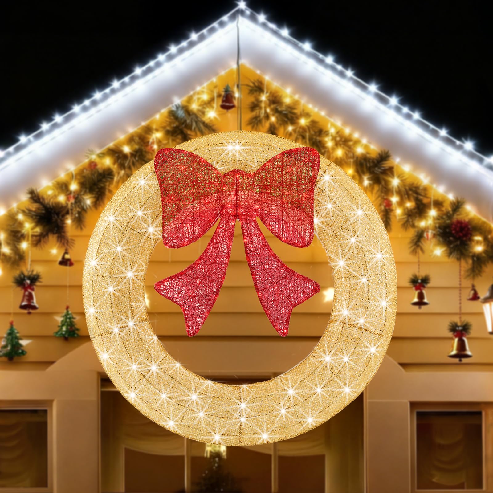 Sweetcrispy 36in Pre-Lit Christmas Wreath, LED Lighted Holiday Outdoor Decoration with Bow for Door, Mantel, Wall, Windows, Fron