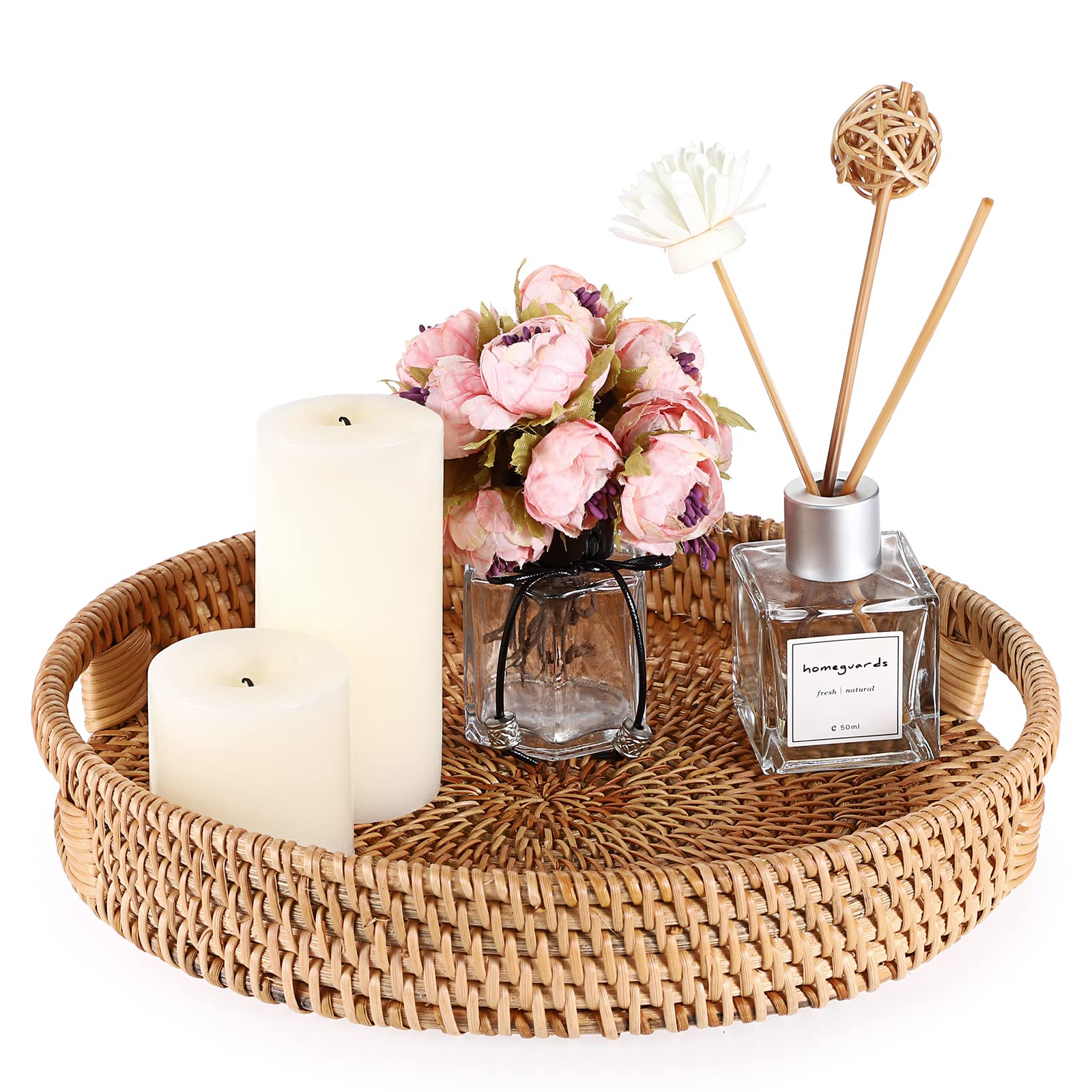 Hipiwe 10'' Round Rattan Serving Tray With Handles, Hand-Woven Decorative Organizer Tray For Storage Breakfast Drinks Snack, Cen