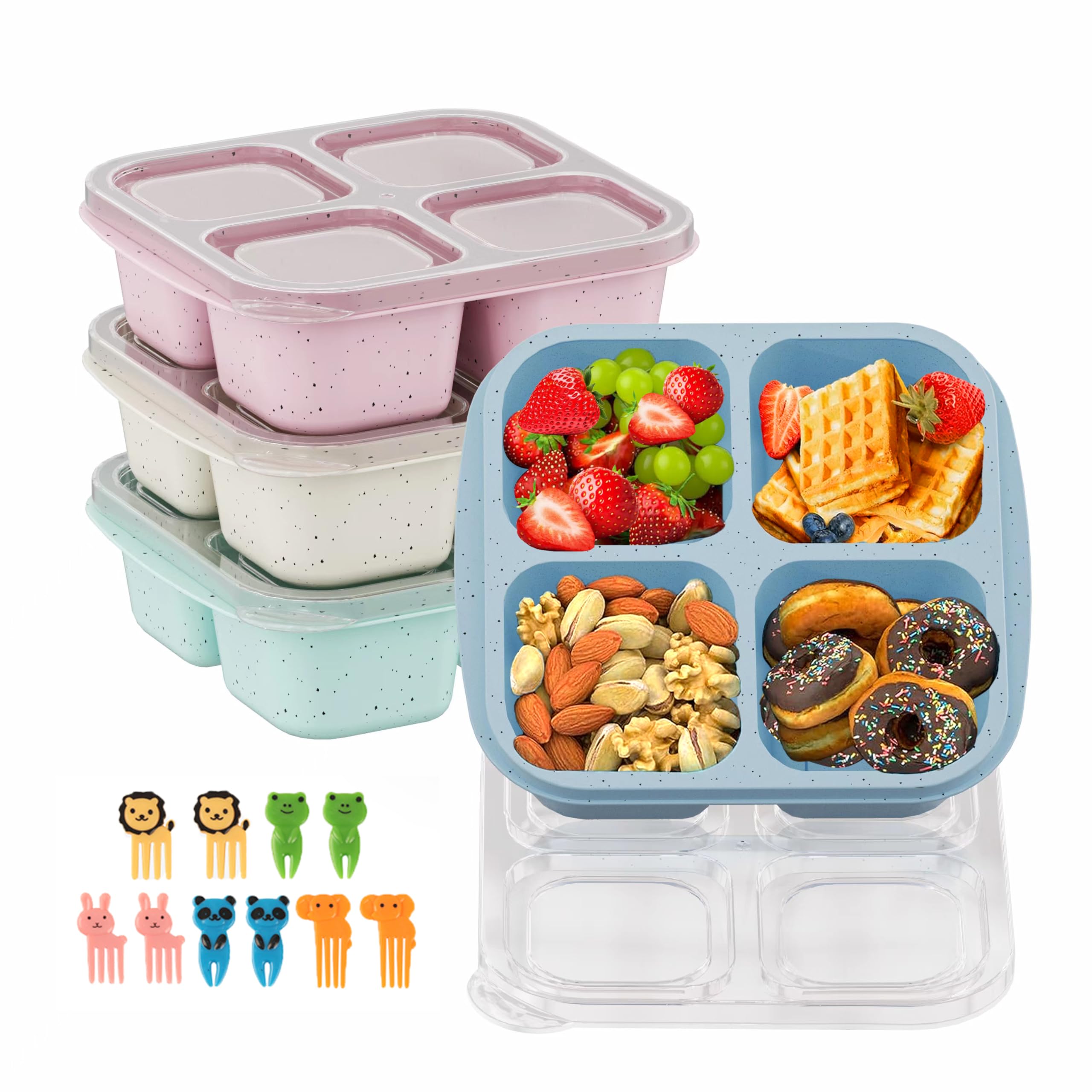 Cigenbon Bento Snack Boxes 4 Pack, Reusable Bento Boxes Kids With 4 Compartments & Fork, Lunch Snack Containers For Kids Adults,