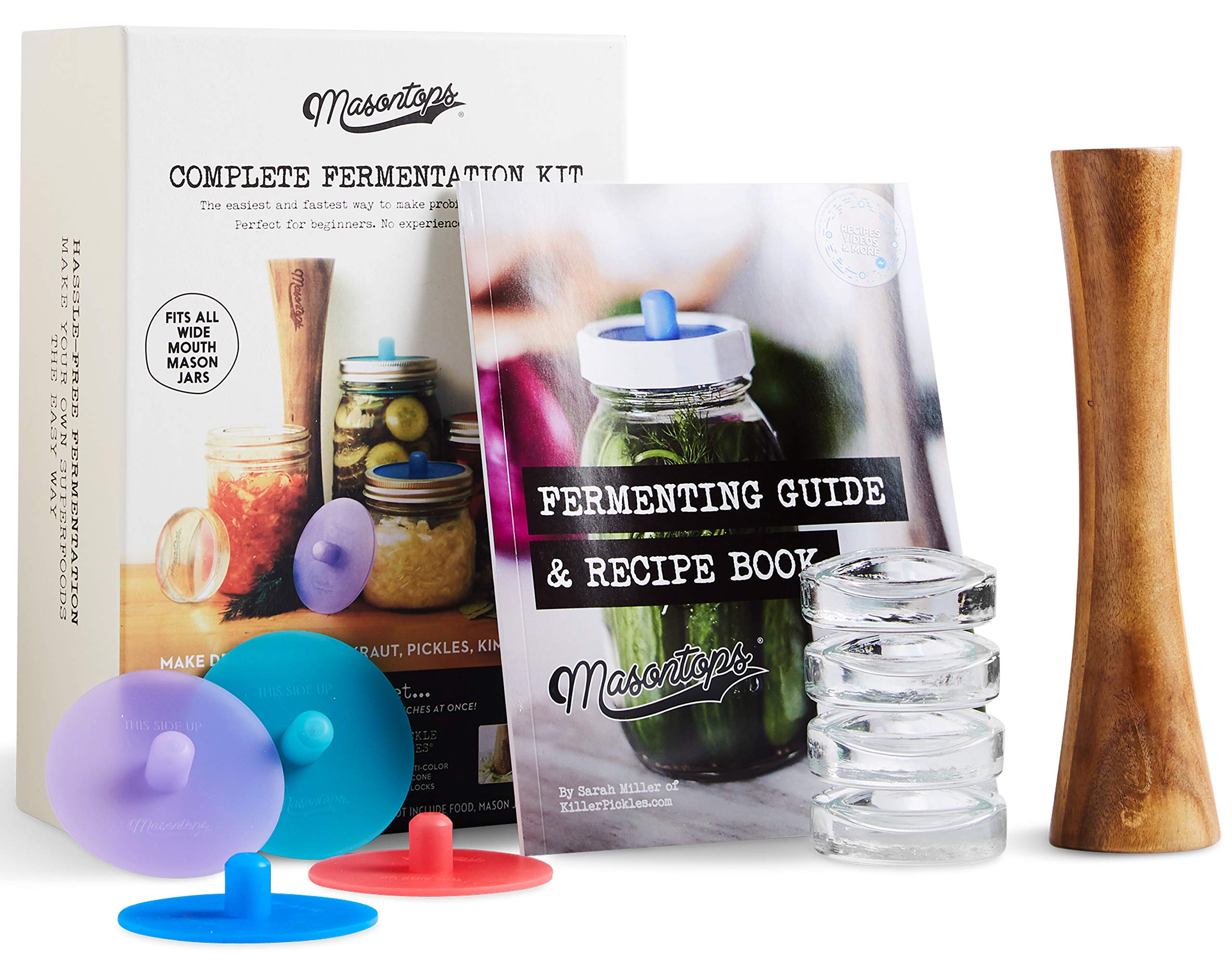 Masontops Complete Mason Jar Fermentation Kit - Pickle Kit, Sauerkraut Making Kit Kimchi Container - Fermentation Airlock Lids W