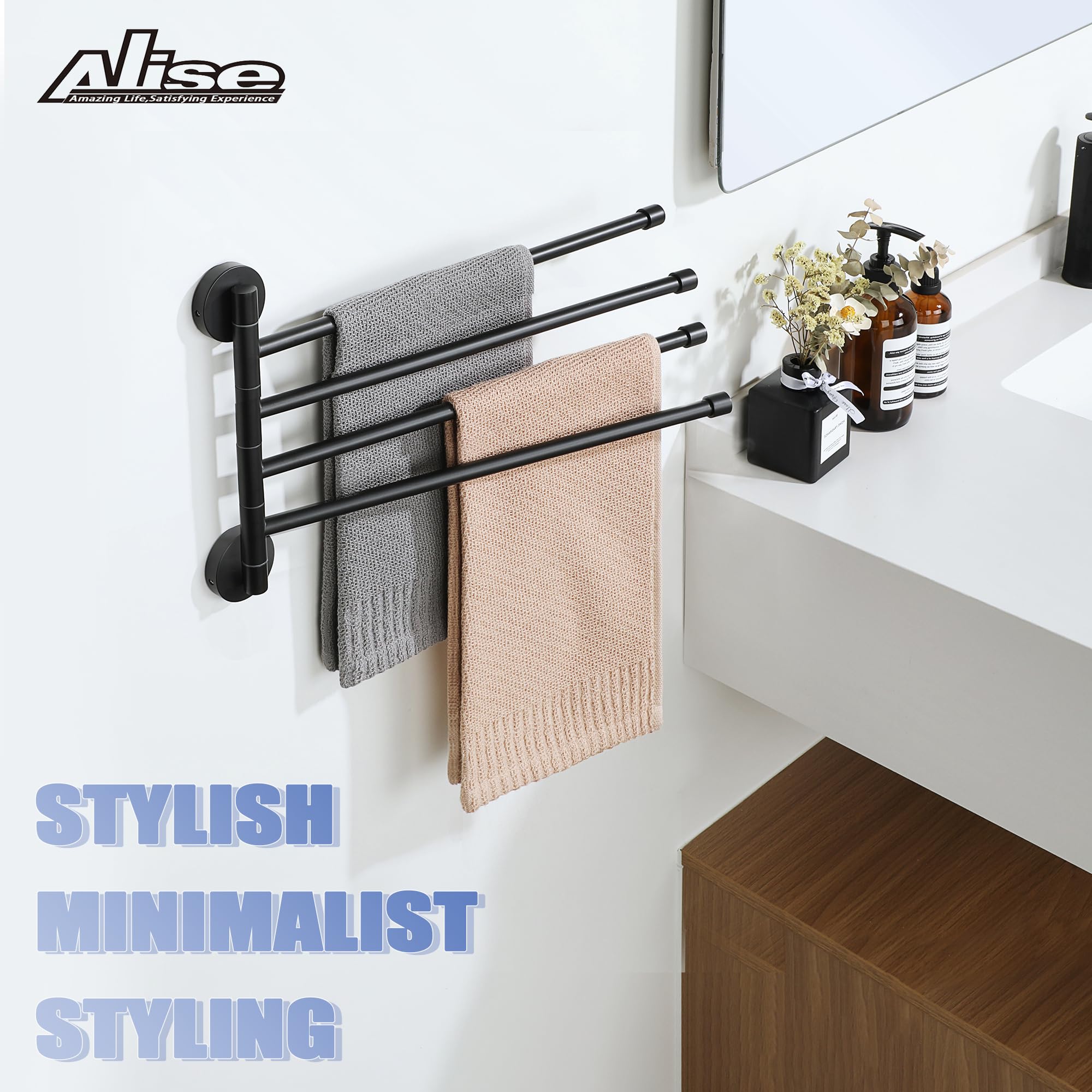 Alise Swivel Towel Rack Folding 4 Arms Hand Towel Bars Towel Hanger for Bathroom Wall Mount Drying Racks for Laundry SUS304 Stainless Steel Swing Out Towel Holder Storage Space Saving Matte Black