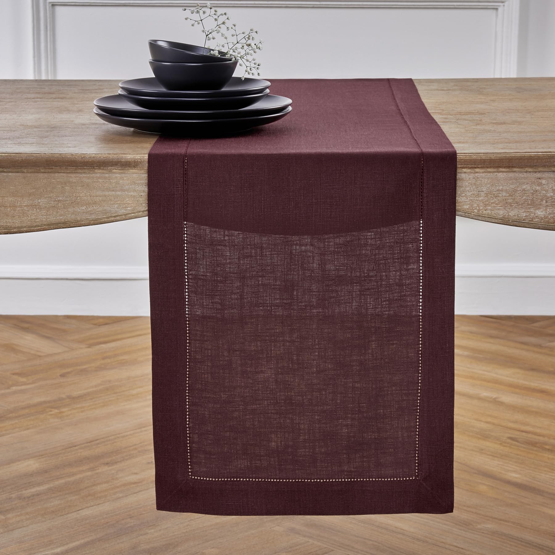 Solino Home Linen Burgundy Table Runner 108 Inches Long - 100% Pure Linen Classic Hemstitch Dining Table Runner 14 X 108 Inch Id