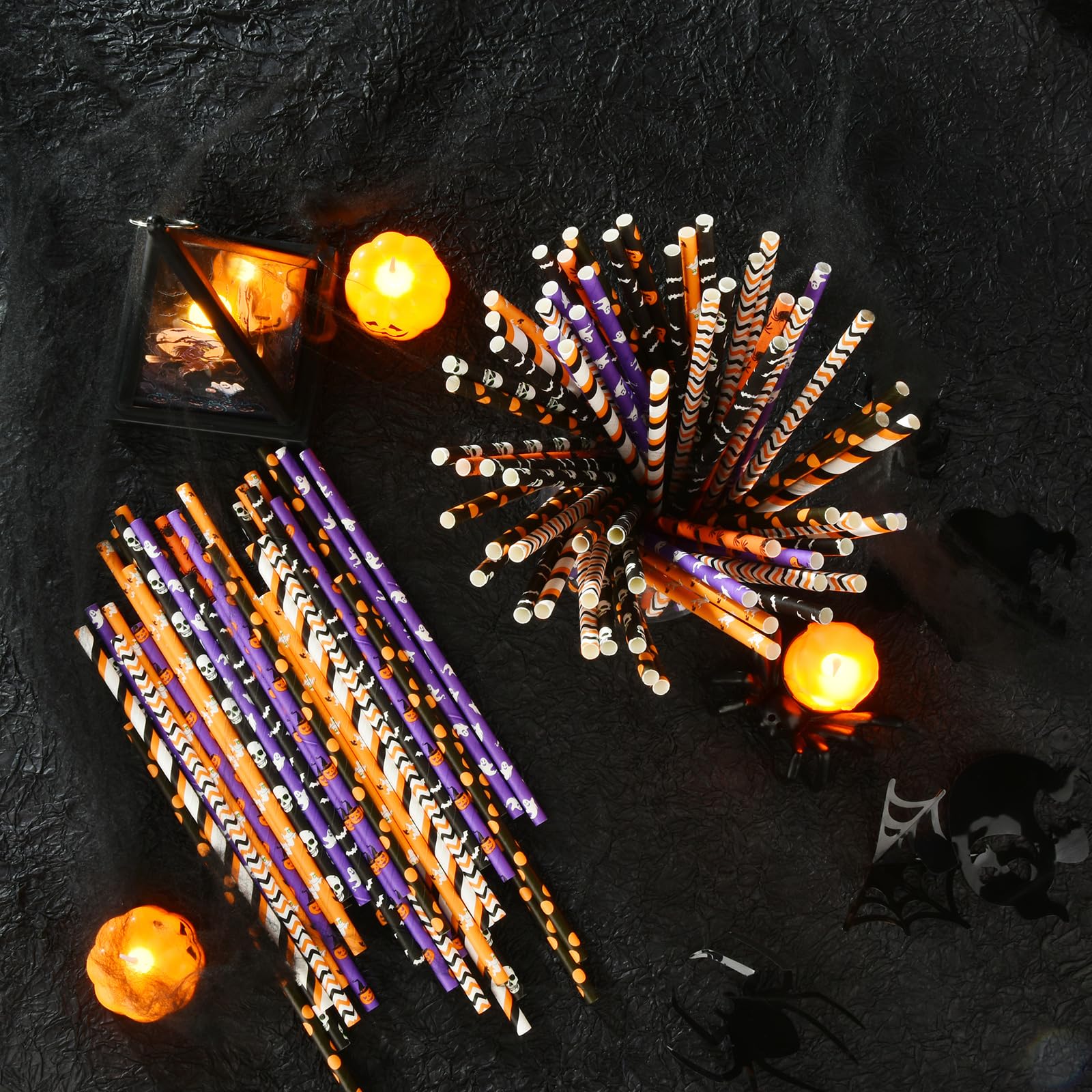 ALINK 200 Counts Halloween Paper Straws  10 Styles Black Orange Purple Biodegradable Party Drinking Straws with Stripe  Wave  Dots  Skull Head  Ghost  Bats  Pumpkin  Spider Design