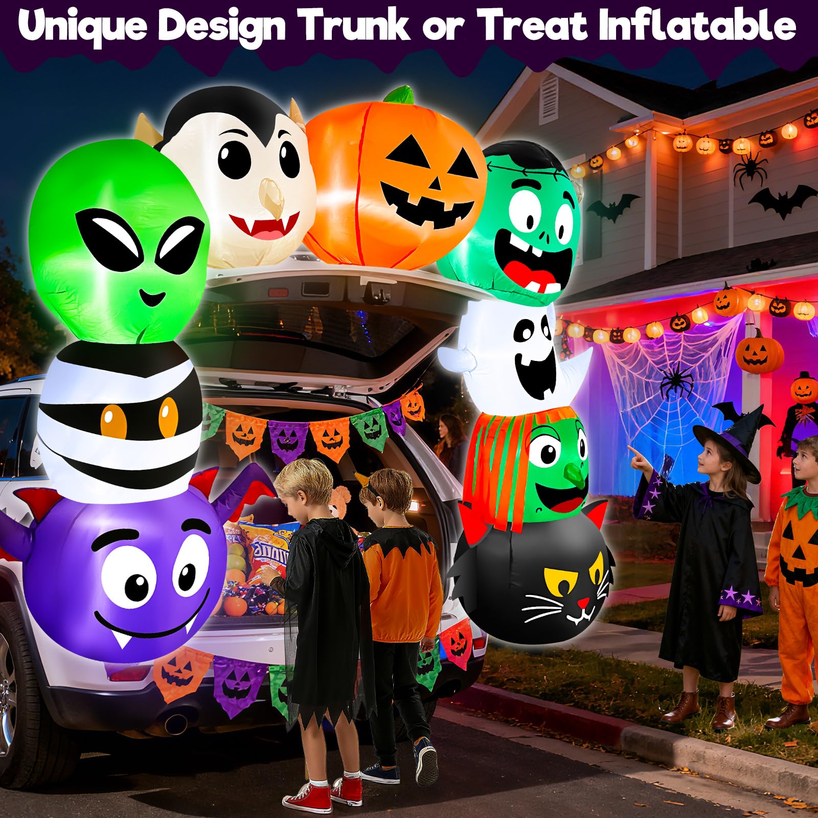 6 FT Halloween Inflatable Trunk or Treat Car Decorations, Blow-Up Car Decoration Arch Stacked with Ghost, Jack-O -Pumpkin, Mummy