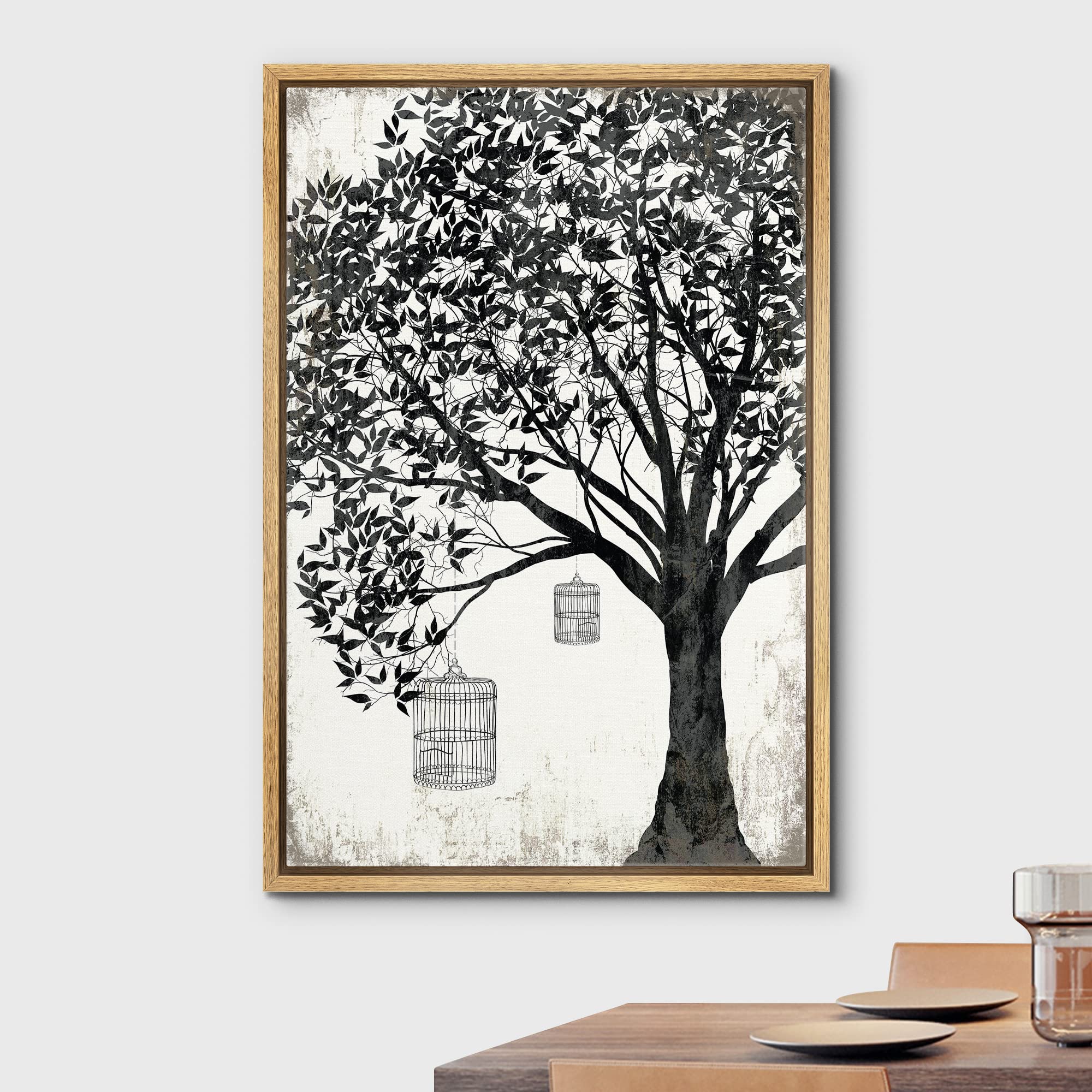 Wall26 Framed Canvas Print Wall Art Black & White Tree With Hanging Birdcages Floral Nature Illustrations Modern Art Rustic Dram