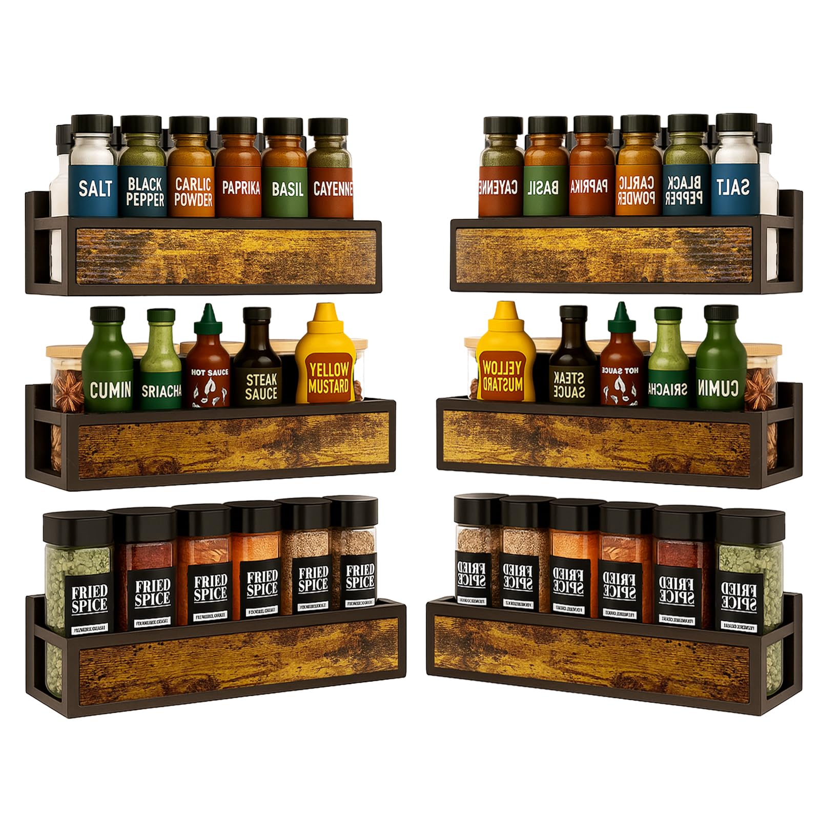 ROURANB Spice Rack Wall Mount for Large Spice Jars, 6 Pack Ironwood Spice Organizer shelf for Rustic, Industrial and Modern Kitc