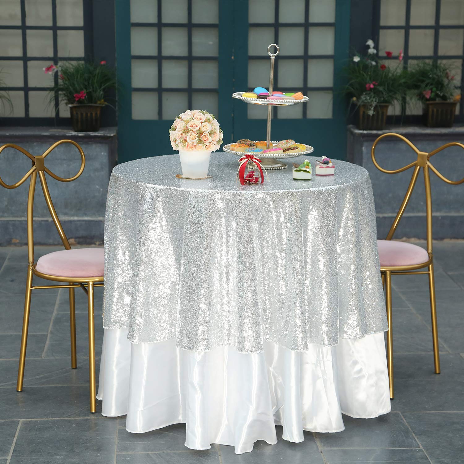 Eternal Beauty Round Silver 70'' Sequin Tablecloth- Sparkly Sequin Overlay For Wedding Party/Dessert Table/Christmas Decoration(