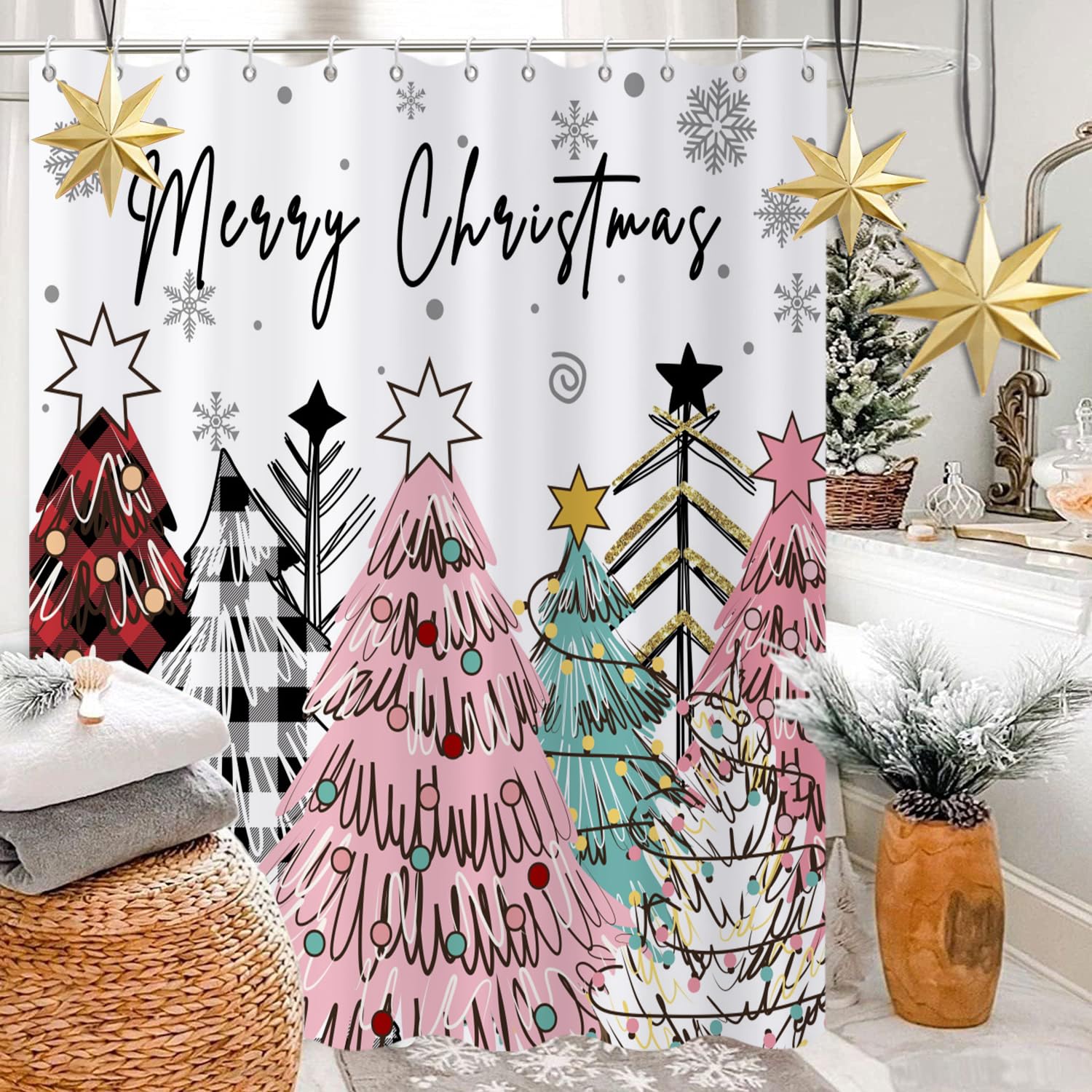 Caheansi Merry Christmas Shower Curtain, Colorful Buffalo Check Plaid Xmas Tree Winter New Year Holiday Bathroom Curtain Waterpr