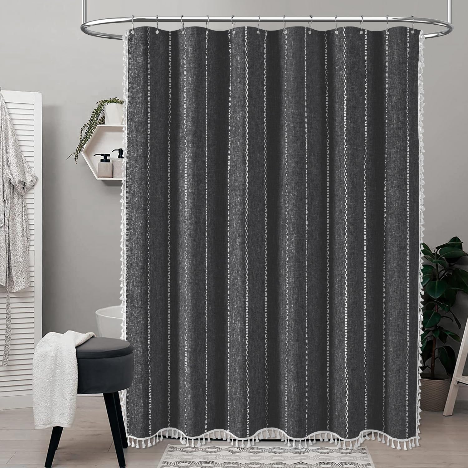 Bttn 78 Inch Long Shower Curtain - Boho Farmhouse Linen Thick Striped Fabric Shower Curtain Set With Hooks, Tall Rustic Country
