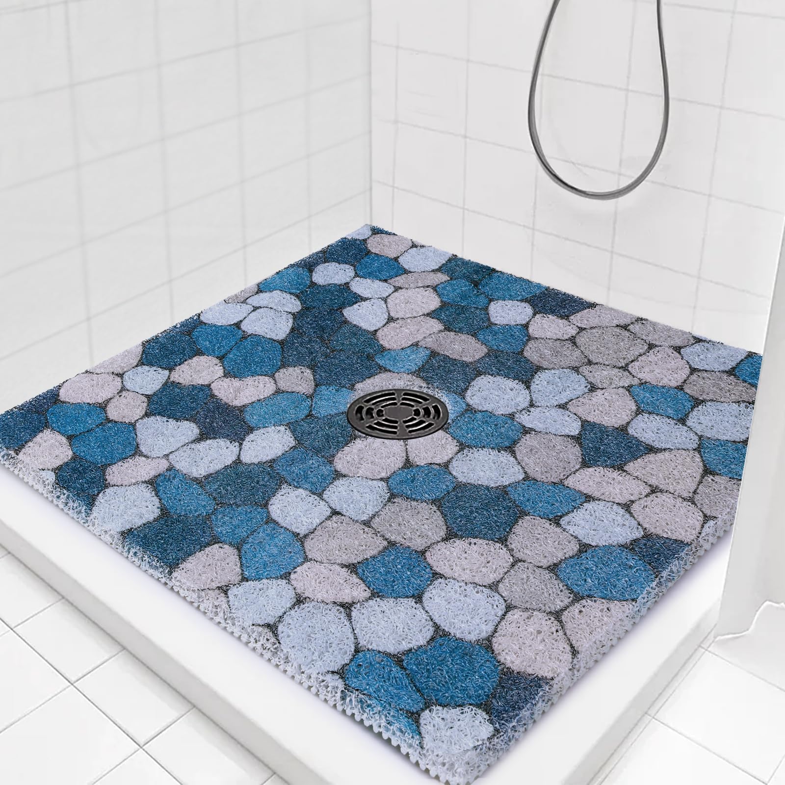 Hombys Square Shower Mat Non Slip,Shower Mat With Drain Hole In Middle,Shower Floor Mats For Inside Shower,Pvc Loofah Shower Sta