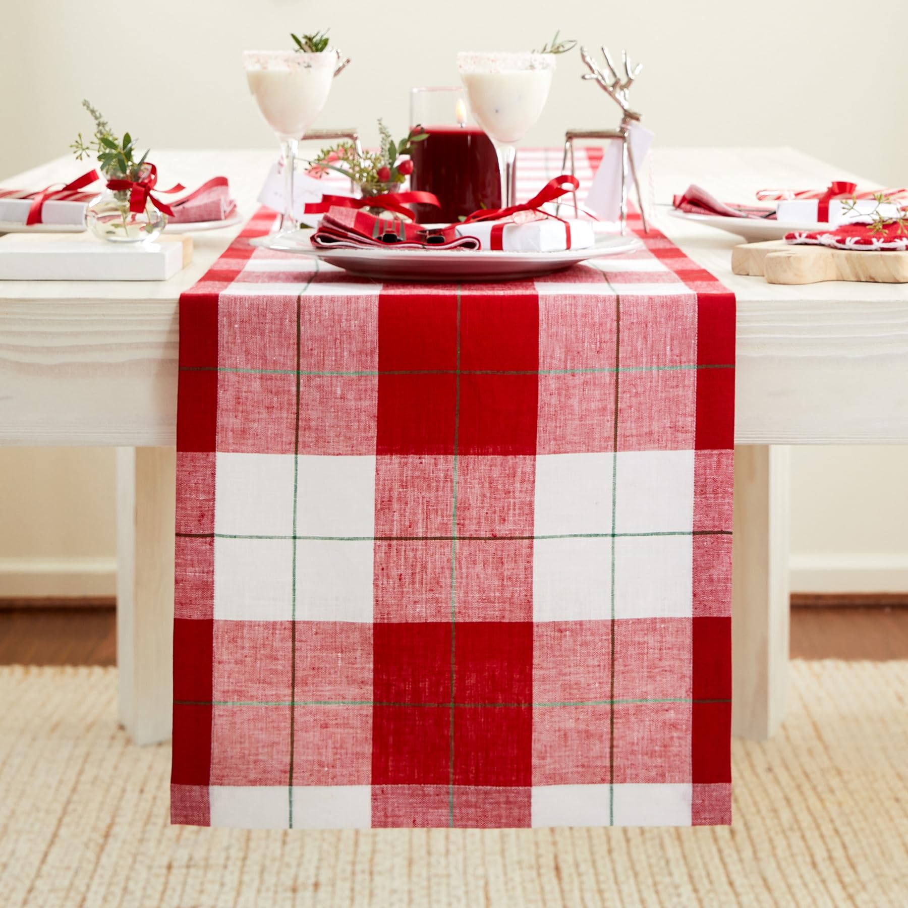Solino Home Linen Plaid Table Runner 90 Inches Long - 100% Pure Linen Red and White Very Merry Tartan Plaid Table Runner 14 x 90