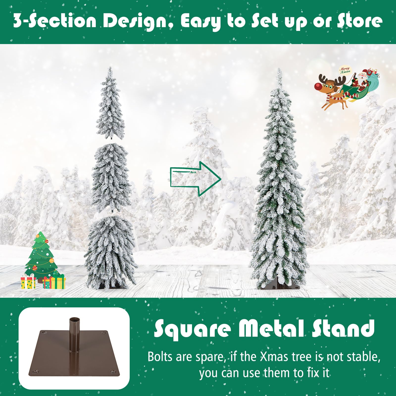 Goplus 5ft Pre-Lit Flocked Pencil Christmas Tree, Artificial Slim Xmas Tree with 334 PVC Branch Tips, 150 LED Lights, 2 Lighting