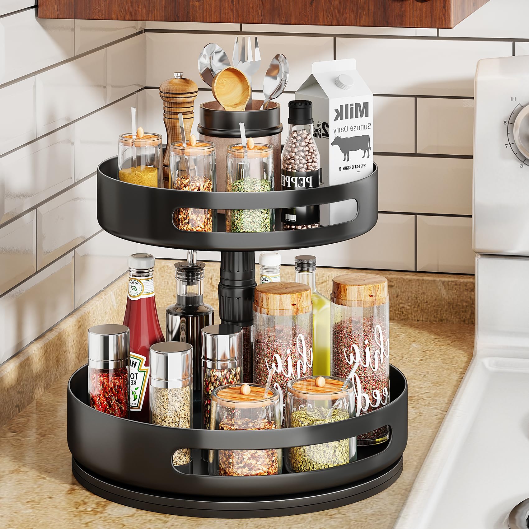 Lazy Susan Spice Rack Organizer 2 Tier - Rotating Seasoning Organizer Metal Lazy Turntable Height Adjustable Spice Organization