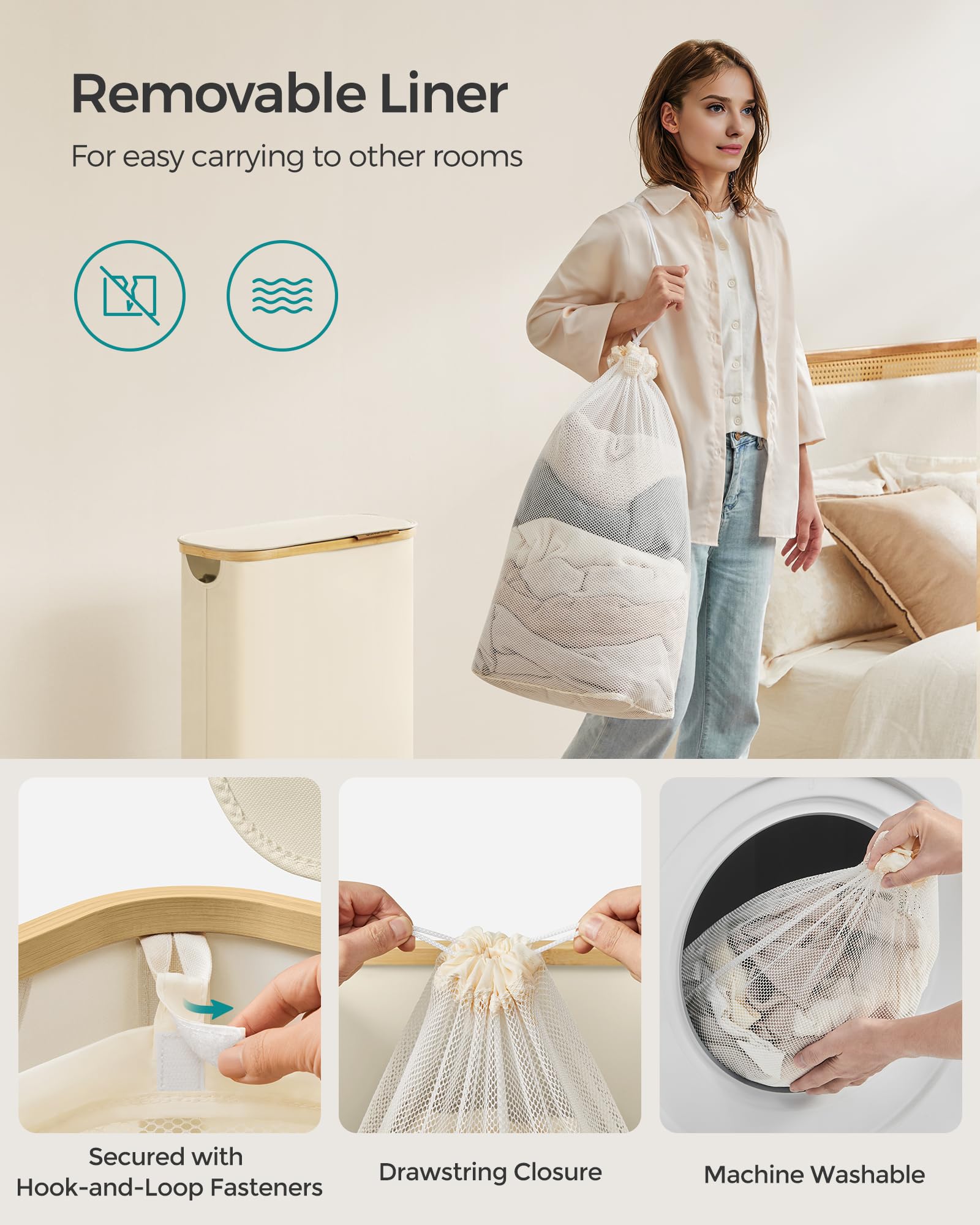 Songmics Laundry Hamper With Lid, Slim Laundry Basket, 17.2 Gallons (65L), Space-Saving, Removable Mesh Liner, Bamboo Handles, C