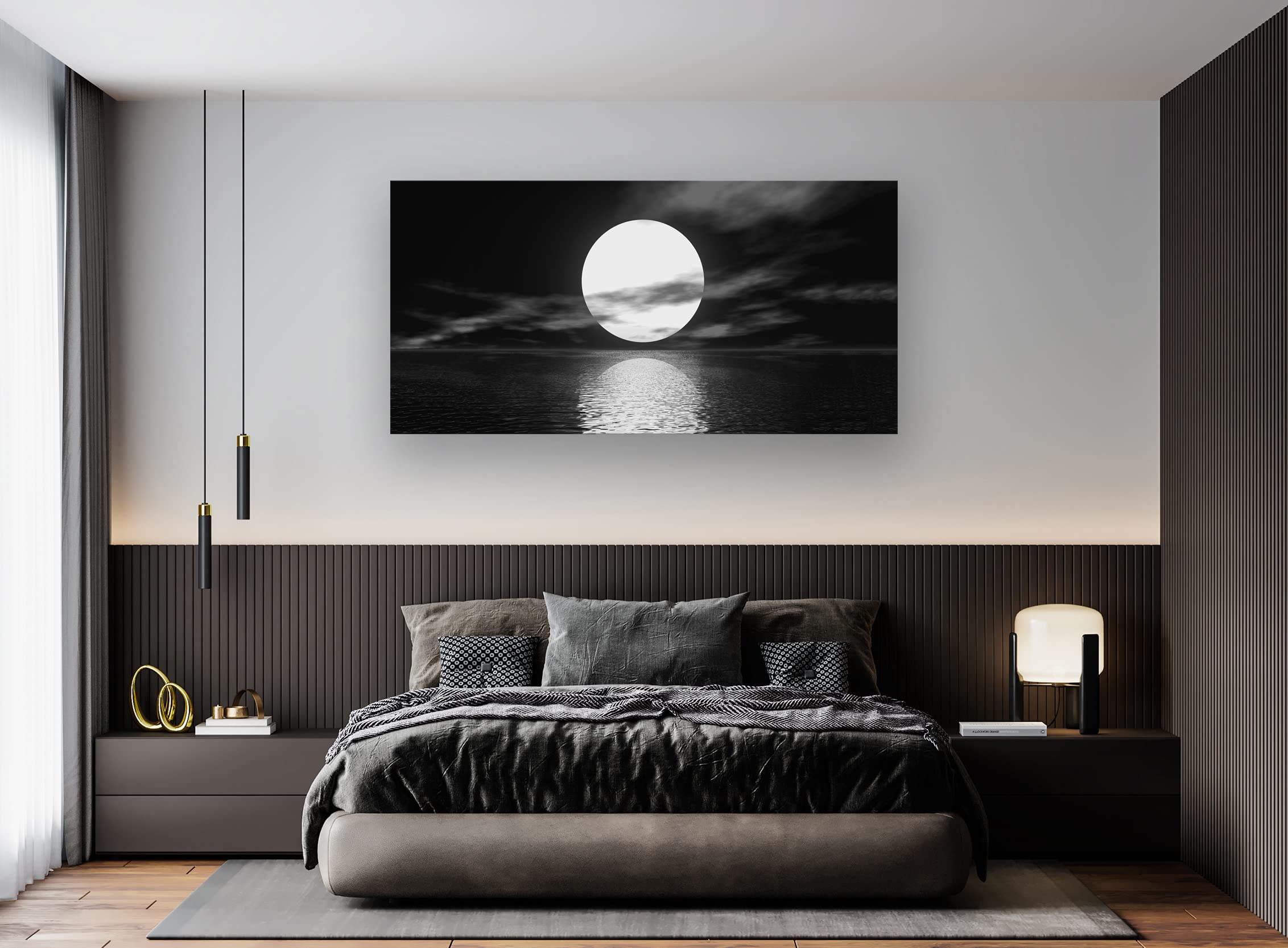 Cao Gen Decor Art S06462 Wall Art Canvas Sea White Full Moon in Night Picture Canvas Poster Print Black and White Ocean for Living Room Bedroom Kitchen Home Decorations Framed Artwork