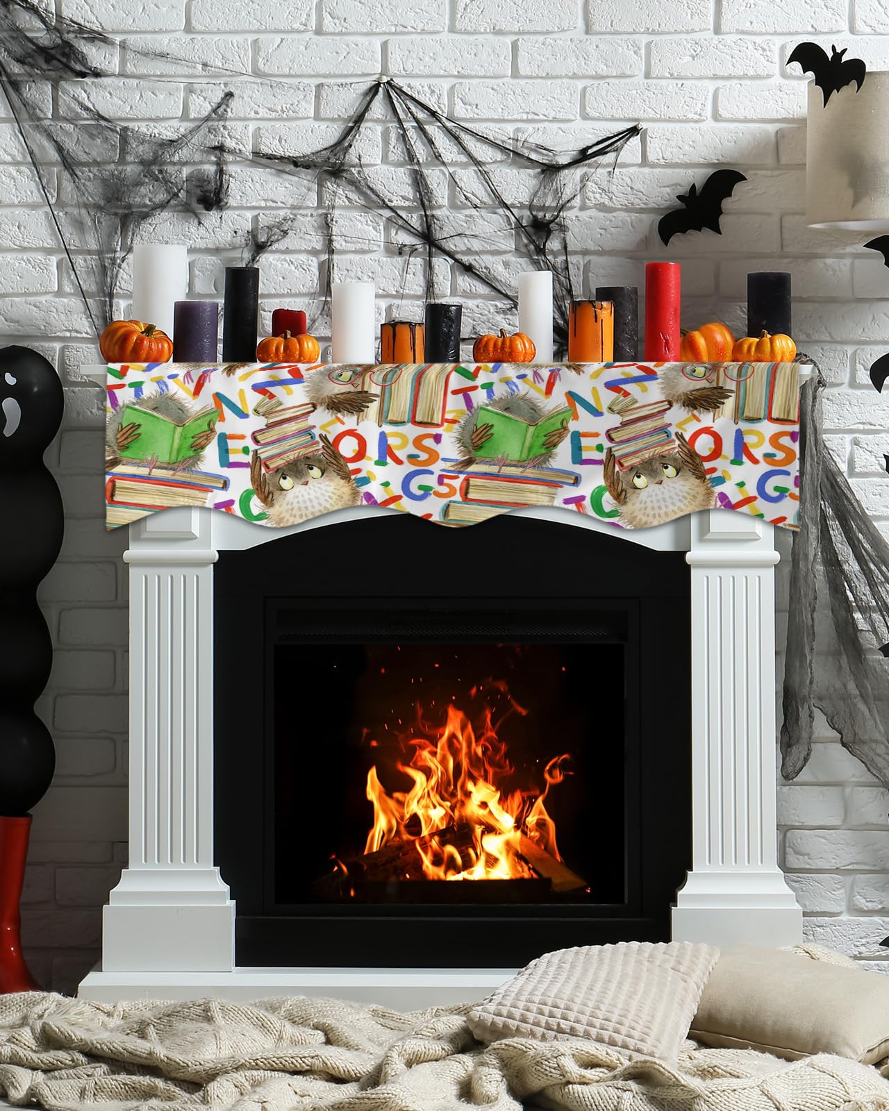 Victoroes Mantle Scarf 90 X 17 Inch, Back To School Season Cartoon Owl Book Fireplace Mantel Scarf Mantel Cover Runner For Home