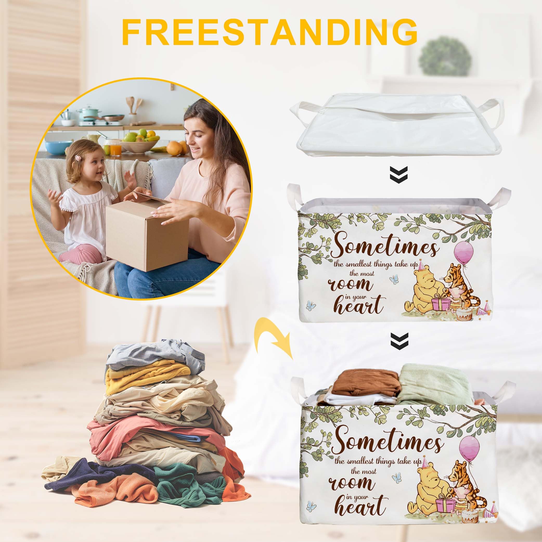Winnie Nursery Decor, The Pooh Baby Stuff, Winnie Storage Nursery Basket, Large Squarecanvas Laundry Hamper With A Waterproof Pe