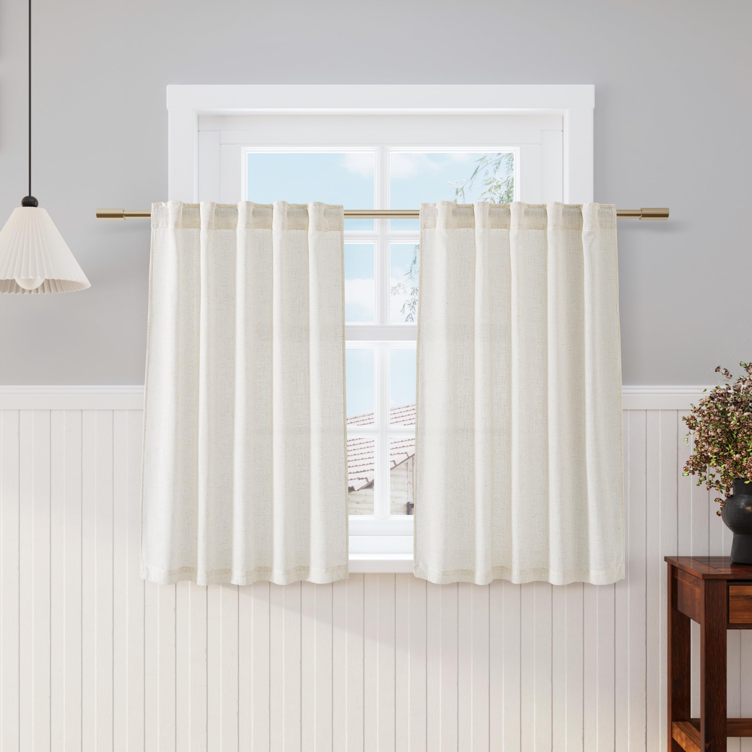 Nanspring Natural Linen Curtains 45 Inch Length Back Tab Pocket Design Semi Sheer Curtains 2 Panel Set for Kitchen Bathroom Smal