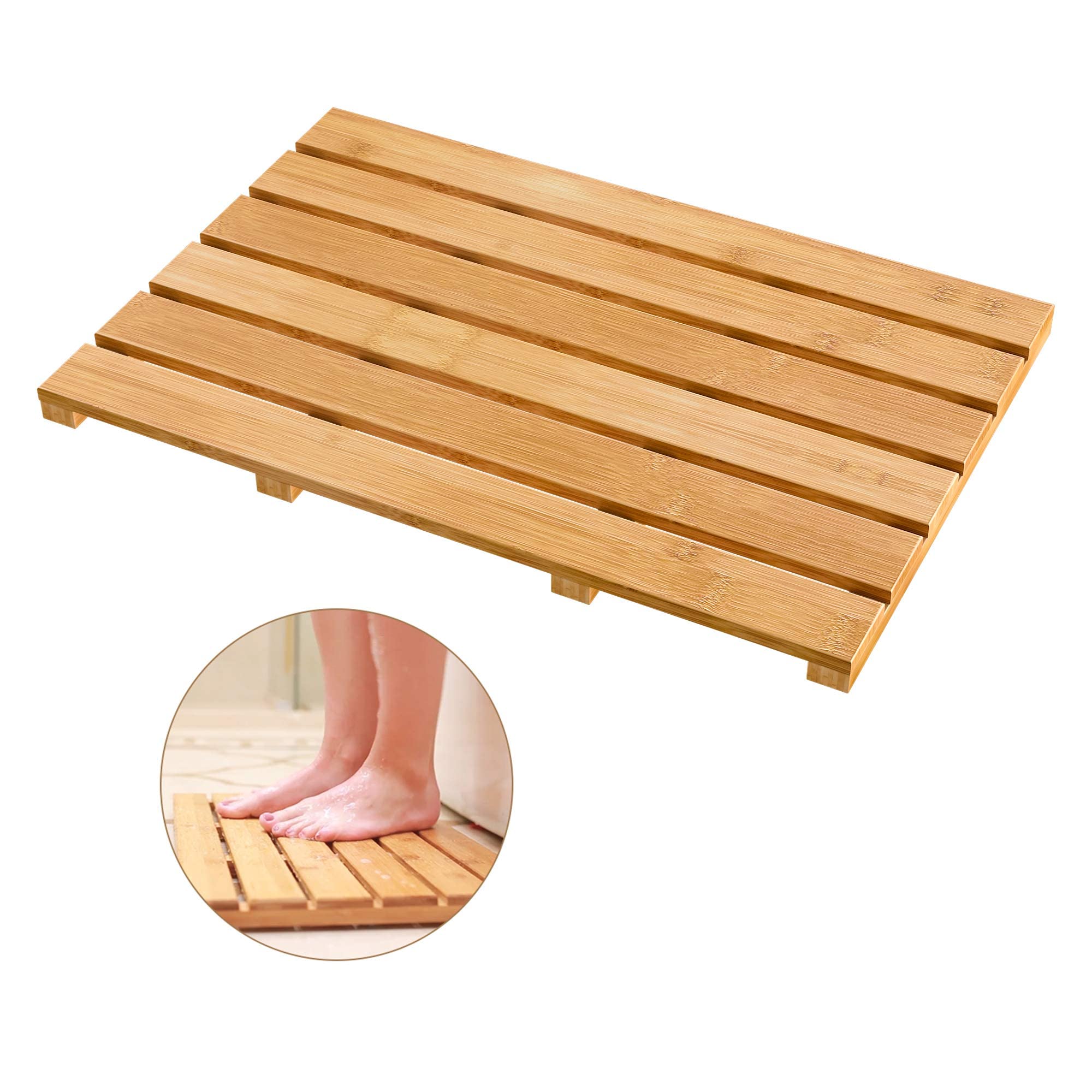 Bath Mat For Luxury Shower - Non-Slip Bamboo Sturdy Water Proof Bathroom Carpet For Indoor Or Outdoor Use