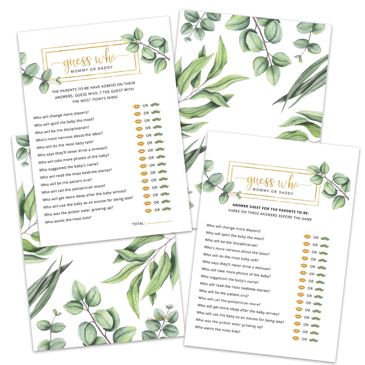 Hat Acrobat Guess Who Mommy Or Daddy Baby Shower Game Cards - 50 Double-Sided Greenery Baby Shower Games Mommy Or Daddy Game Car