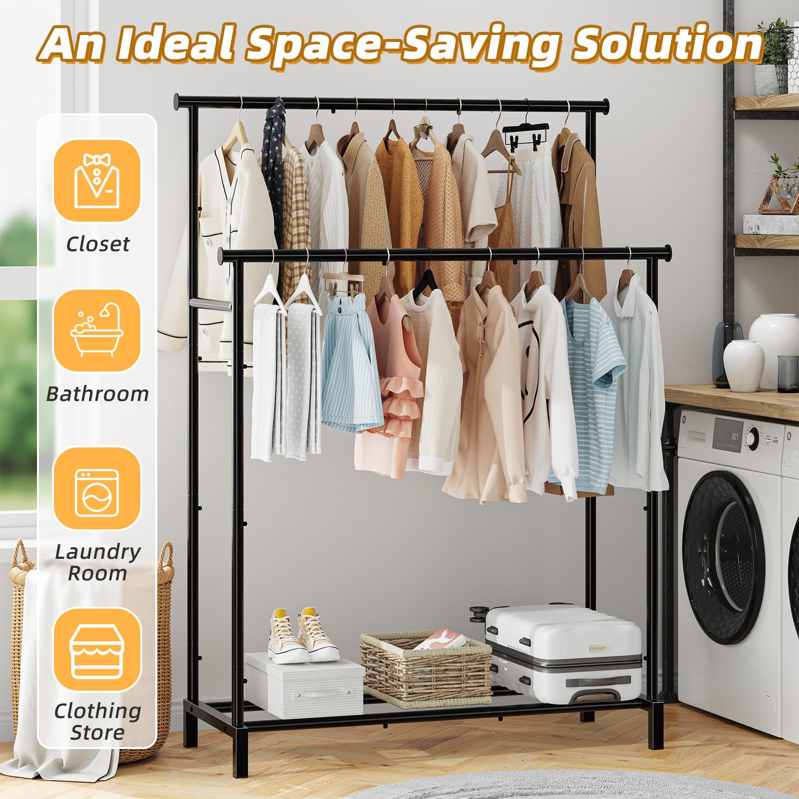 Ekisemio Double Rod Garment Rack For Hanging Clothes, Clothing Rack With Storage Shelves, Metal Multi-Functional Clothes Rack Fo