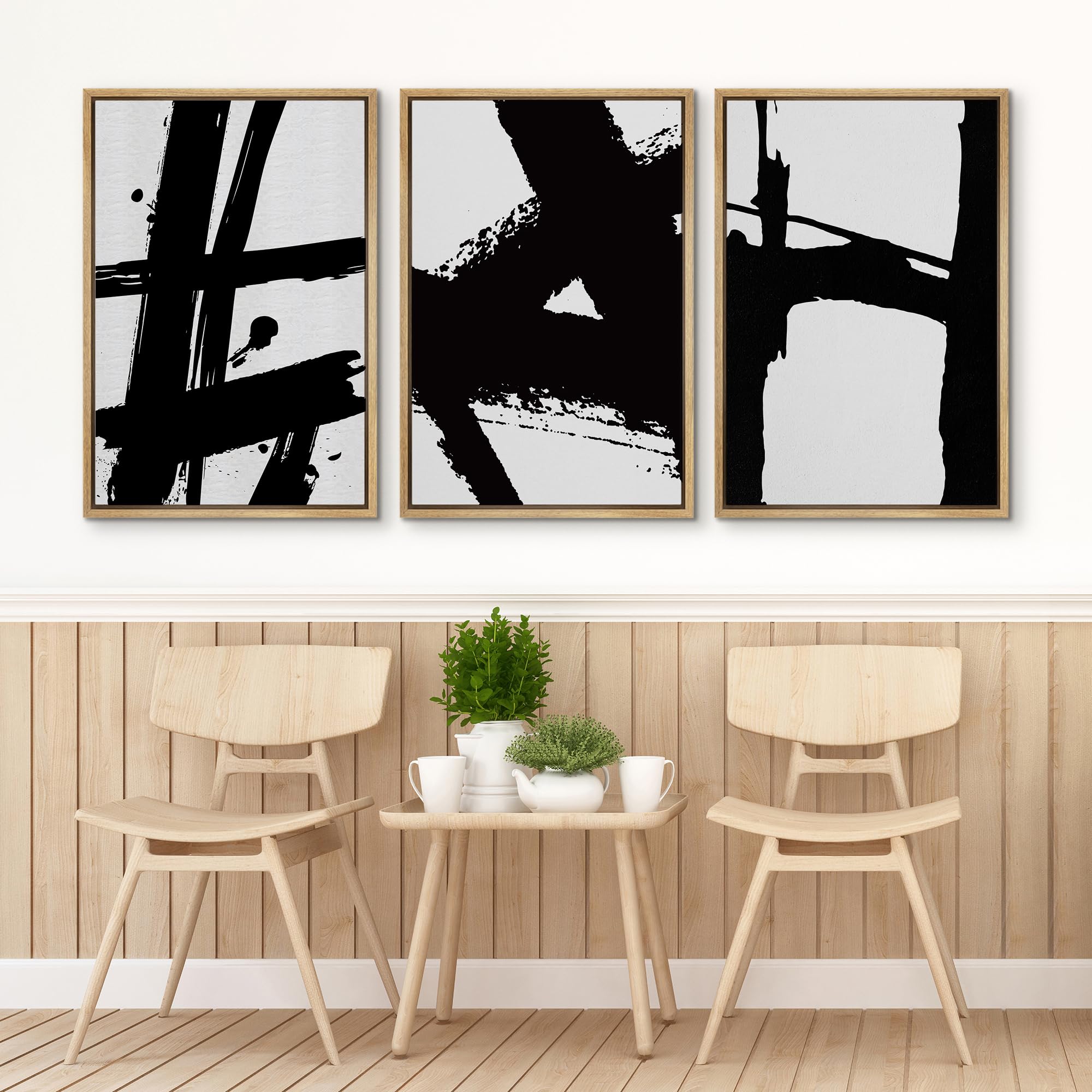 Signford Framed Canvas Print Wall Art Set Abstract Black And White Brushstrokes Illustrations Modern Art Relax/Calm For Living R