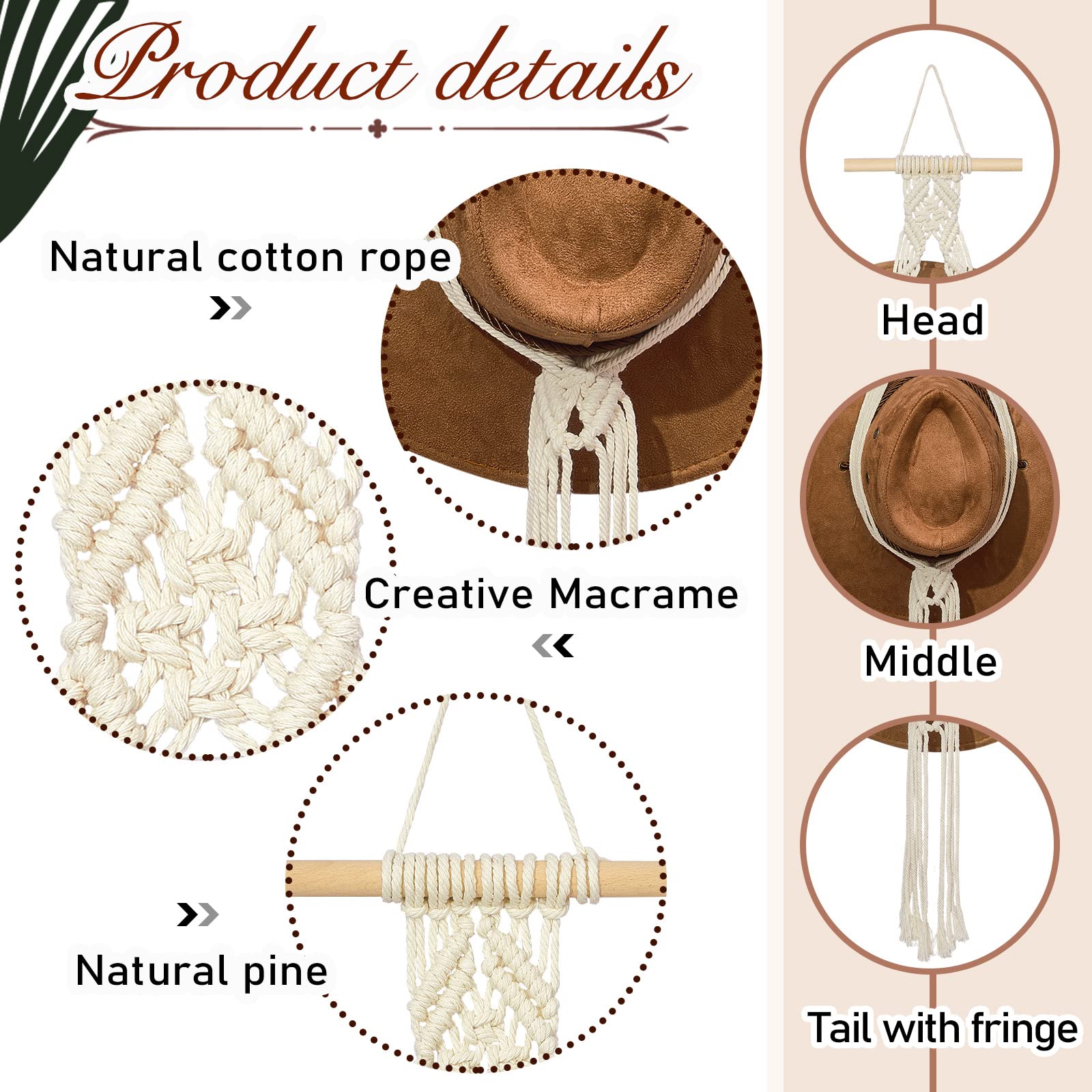 Yulejo Macrame Hat Hangers Boho Hat Rack Cowboy Hat Hanger Back of Door Hat Organizer (White One Hat Style)