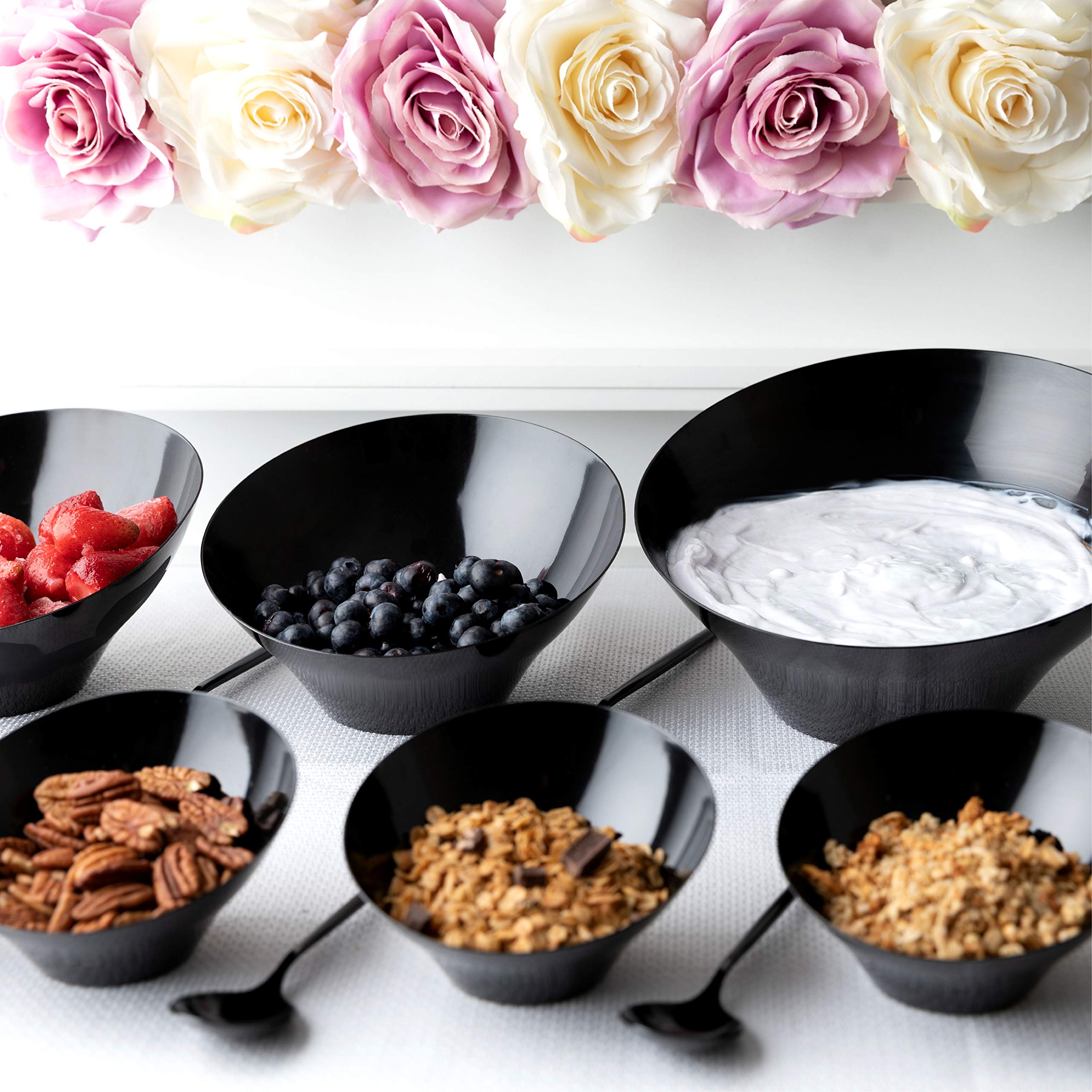 Plasticpro Disposable Angled Plastic Bowls Round Serving Bowls  Party Snack or Salad Bowl  Heavy Duty  Elegant Black  Pack of 4