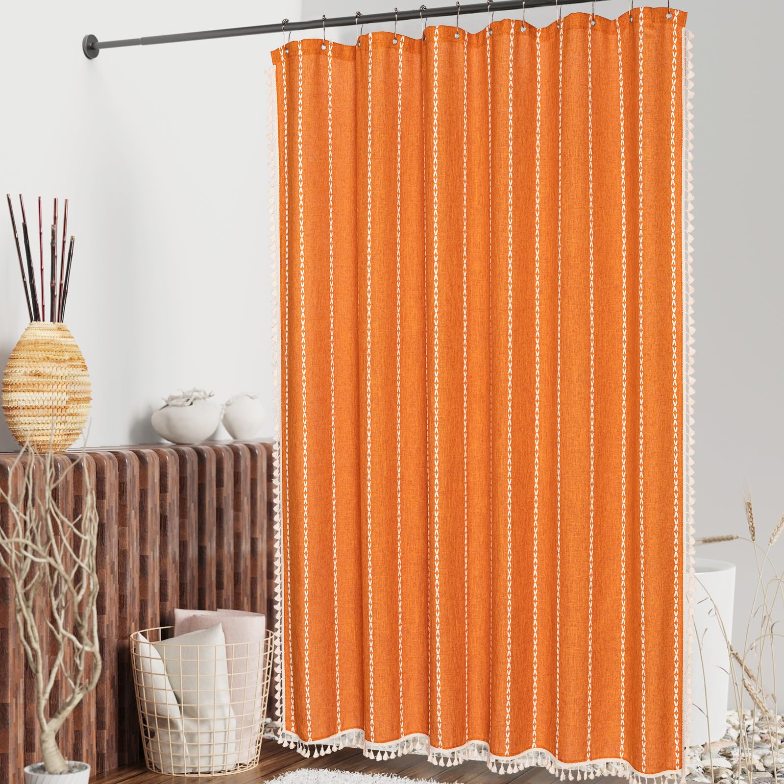 Mitovilla Boho Extra Long Shower Curtain 72 X 84, Orange 84 Inch Xl Cotton Linen Tassel Fabric Shower Curtain Set With Hooks For