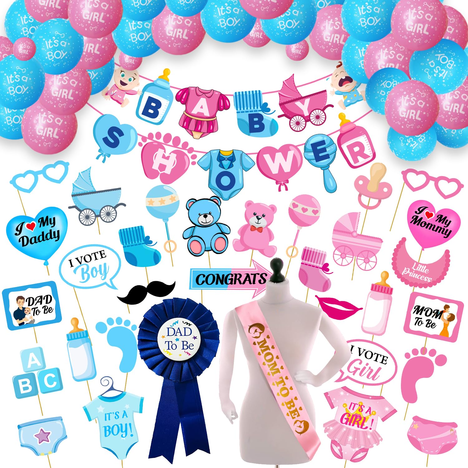 Zyozique Baby Shower Decorations Combo | Baby Shower Decorations Paper Banner , Balloons, Photo Booth Props, Badge & Sash (Pack 