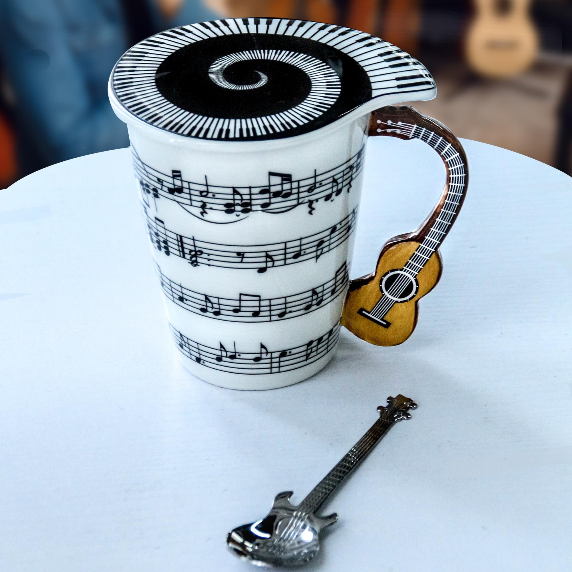 Guitar Novelty Mug Unique Musical Gift Coffee Cup with Cool Music Themed Lid & Guitar Handle Design & Guitar Spoon, Great Gifts
