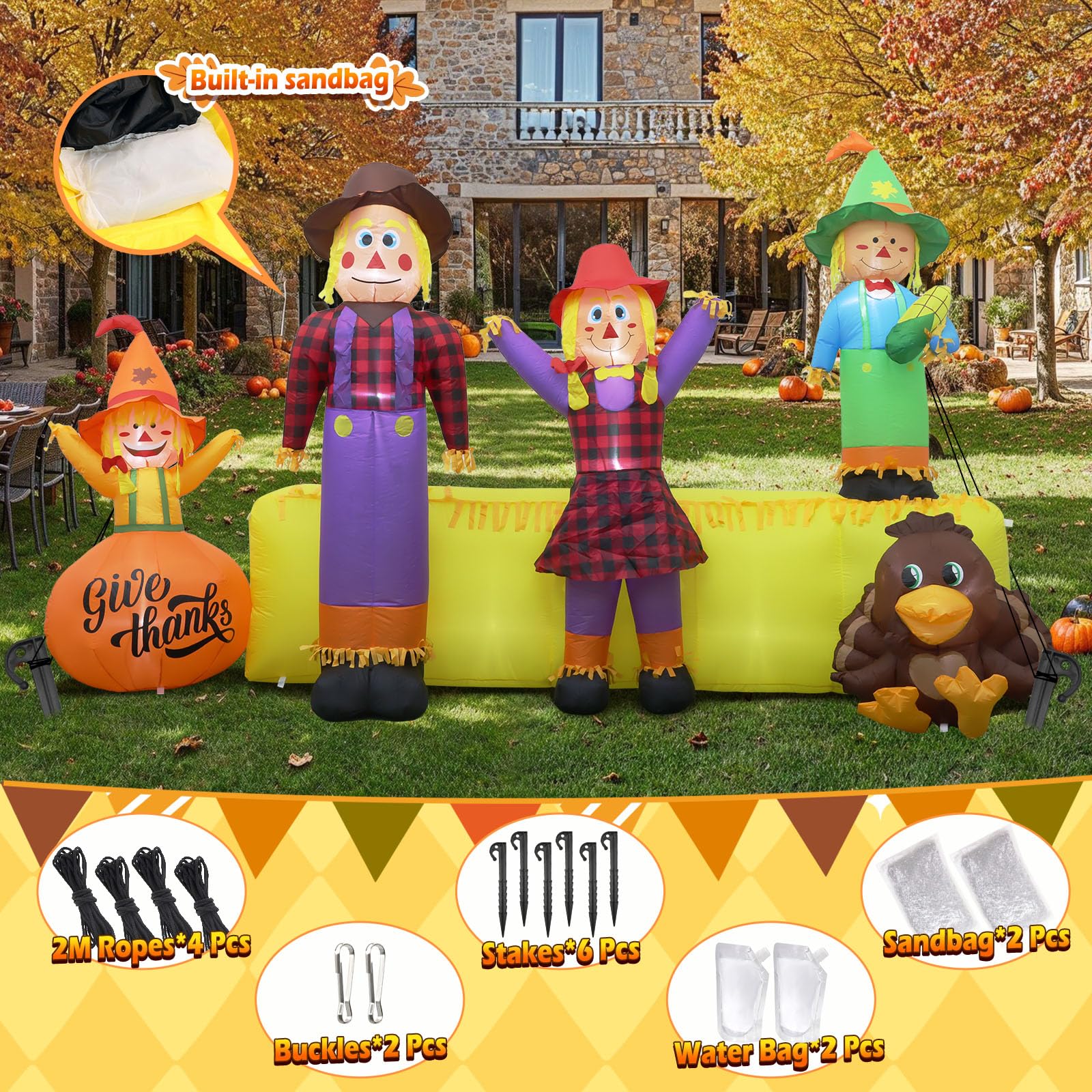 10 FT Thanksgiving Inflatables Fall Outdoor Decorations, Blow Up 4 Scarecrow Family & Hay Bale & Turkey, Built-in 9 LED Lights &
