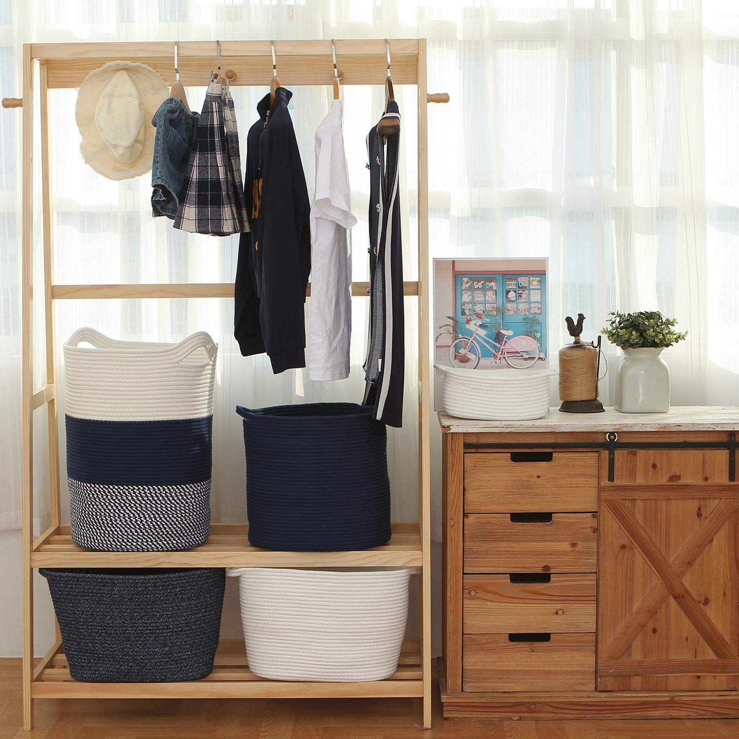 Sea Team Large Size Cotton Rope Woven Storage Basket With Handles, Laundry Hamper, Fabric Bucket, Drum, Clothes Toys Organizer F